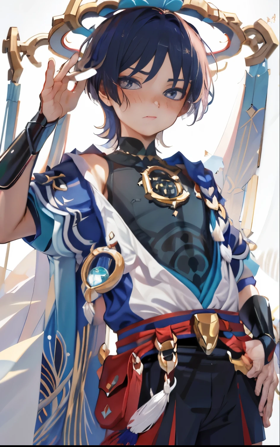 (masterpiece), (best quality), (Super detailed), Scarmouche(Wanderers), looking to the front, looking at the audience, Upper body,,Flowing colors, bathroom，juvenile，blush,abdominal muscles