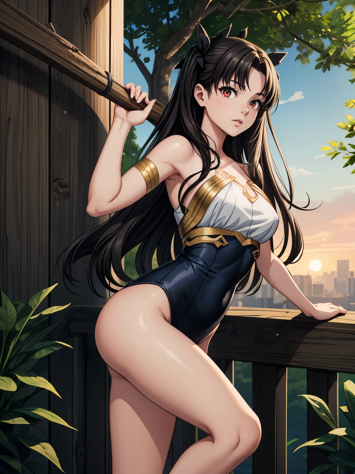 ((masterpiece)), (best quality),, official art, extremely detailed CG unity 8k wallpaper, highly detailed, shiny skin, Depth of field, vivid color,, 1girl, (curvy:0.6), (full body:0.8), girl wearing sexy clothes, sexy , portrait sophie mudd, casual pose, gorgeous young model, cute young woman, a beautiful -aged girl, very pretty model, young , cute young girl, beautiful young girl, beautiful model, long black hair, dark hair, shiny hair, young and cute girl, girl, Ishtar, Fate Grand Order, Ishtar anime, anime, looking at me, high shadow texturing, shadows included, looking epic, epic background, epic place, single person, nobody else, wearing swimsuit, wearing somethink cute, wearing cute dress, adorable, kawaii, cute, proud, happy, definision of happines, sun is shining, sunshine, epic lighting, sunning, 18+ , epic background, super epic backgorund, backgorund theme, suepr shadowing, shadows, dynamic lighting, wearing sexy clothes of random color, (Background: old town, sunset, sunny forest, nature), poses: (Poses: leaning over wall, standing, legs crossed), light face, light outline lines, realistic, hyper detailer, high details