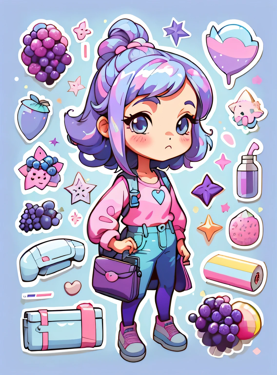 1 adesivo, manual, (uma garota estilosa, modelo, Top rosa, fresco e fresco), fundo roxo e azul, fundo simples, minimum, uva, mirtilo, Bonitinho, pequeno, cor pastel, estilo vetorial, sem gradiente,