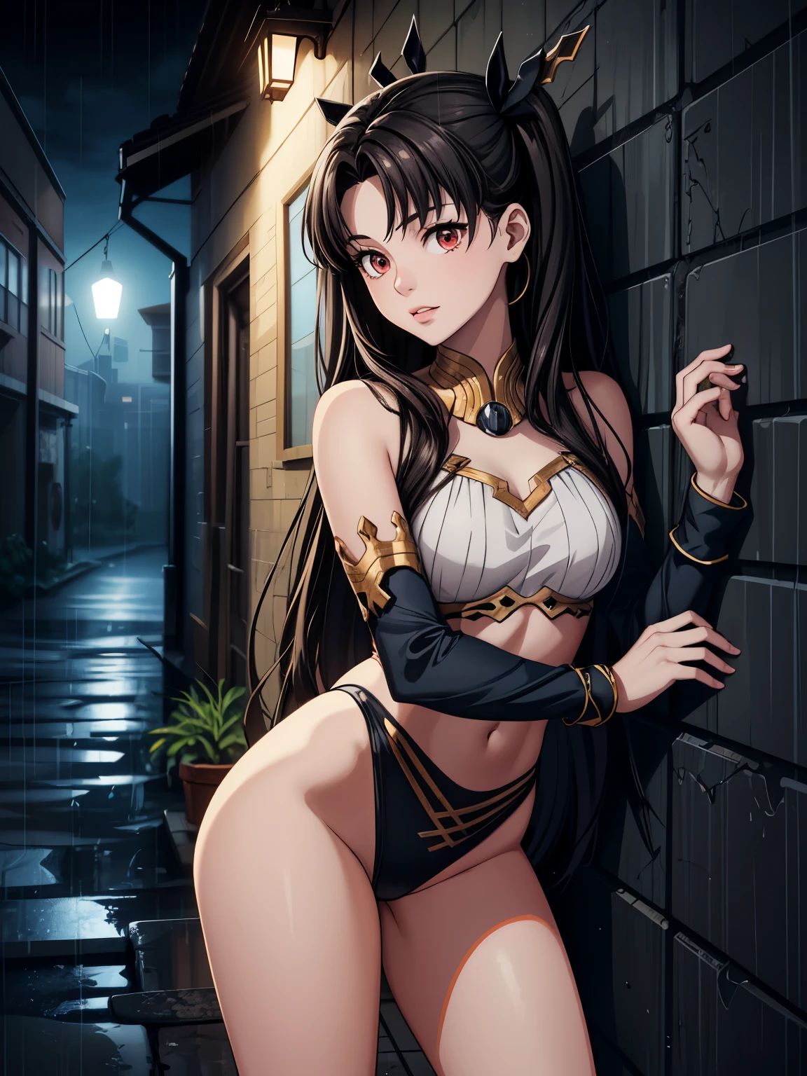 ((masterpiece)), (best quality),, official art, extremely detailed CG unity 8k wallpaper, highly detailed, shiny skin, Depth of field, vivid color,, 1girl, (curvy:0.6), (full body:0.8), girl wearing sexy clothes, sexy , portrait sophie mudd, casual pose, gorgeous young model, cute young woman, a beautiful -aged girl, very pretty model, young , cute young girl, beautiful young girl, beautiful model, long black hair, dark hair, shiny hair, young and cute girl, girl, Ishtar, Fate Grand Order, Ishtar anime, anime, looking at me, high shadow texturing, shadows included, looking epic, epic background, epic place, single person, nobody else, wearing swimsuit, wearing somethink cute, wearing cute dress, adorable, kawaii, cute, proud, happy, definision of happines, rainy day, rain, epic lighting, raining, 18+ , epic background, super epic backgorund, backgorund theme, suepr shadowing, shadows, dynamic lighting, wearing sexy clothes of random color, (Background: old town, rain, rainyforest, nature), poses: (Poses: leaning over wall, standing, legs crossed), light face, light outline lines, realistic, hyper detailer, high details