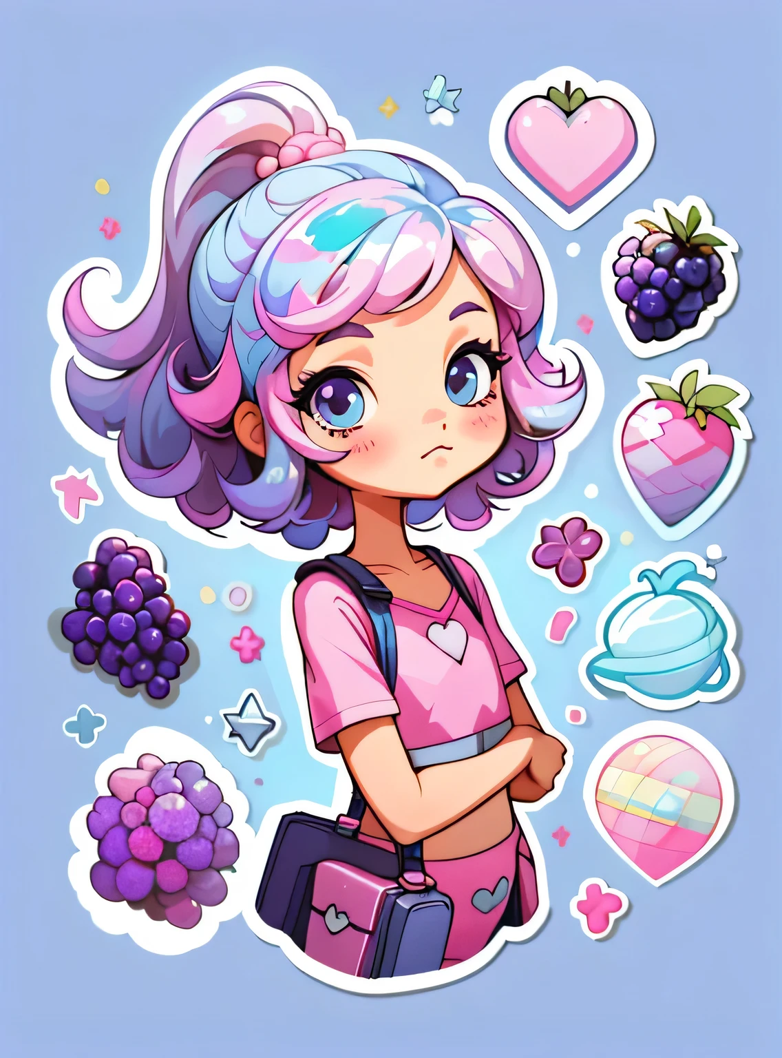 1 adesivo, manual, (uma garota estilosa, modelo, Top rosa, fresco e fresco), fundo roxo e azul, fundo simples, minimum, uva, mirtilo, Bonitinho, pequeno, cor pastel, estilo vetorial, sem gradiente,