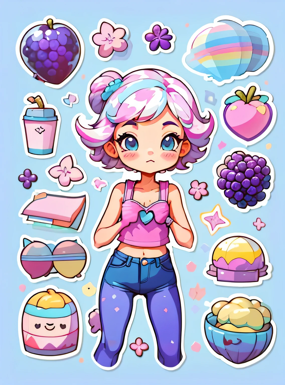 1 adesivo, manual, (uma garota estilosa, modelo, Top rosa, fresco e fresco), fundo roxo e azul, fundo simples, minimum, uva, mirtilo, Bonitinho, pequeno, cor pastel, estilo vetorial, sem gradiente，
