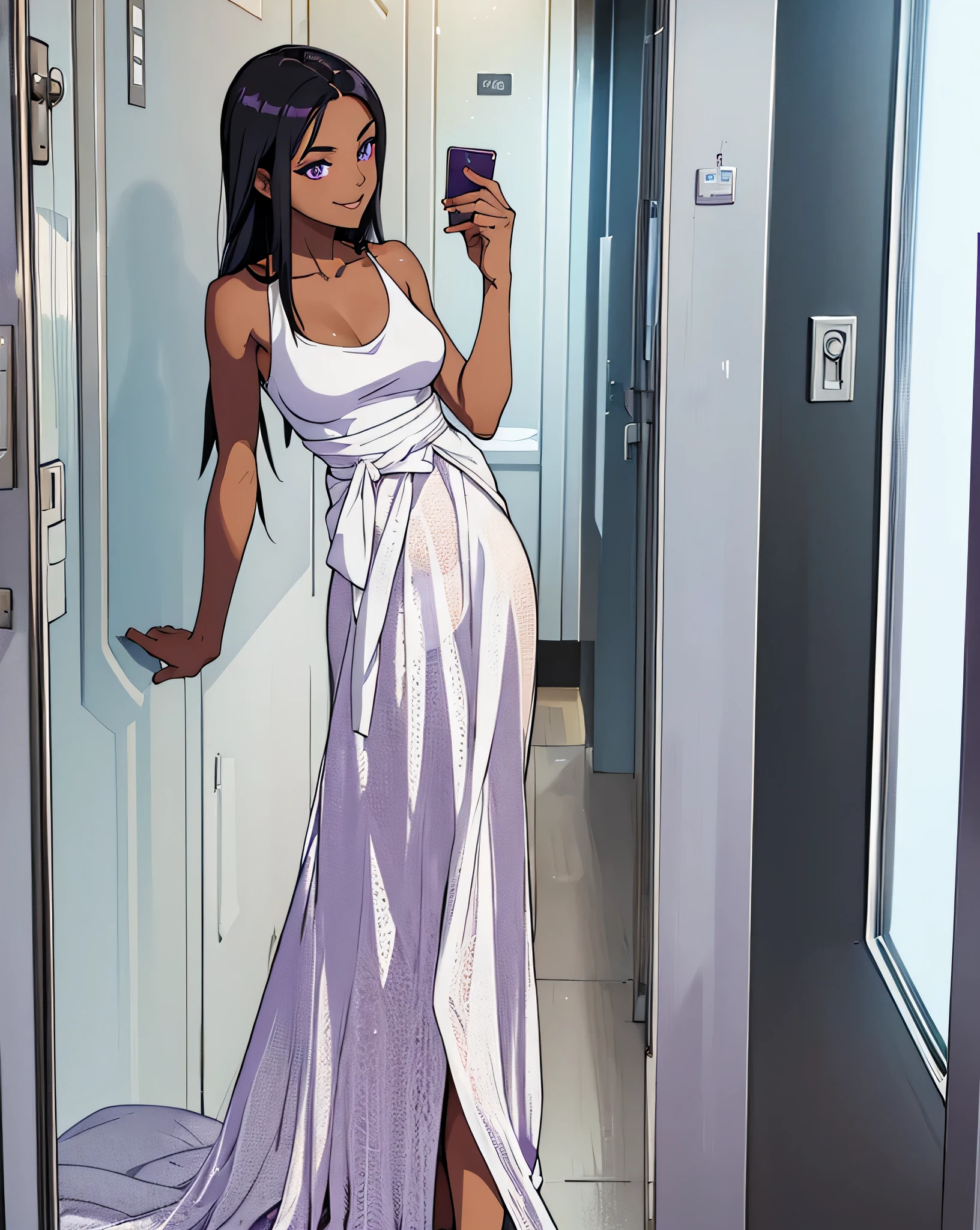 chefs-d'artwork, 1fille, Seulement, ((Cheveux longs noirs), (peau sombre), yeux violets, seins moyens, taille fine, Souriant)