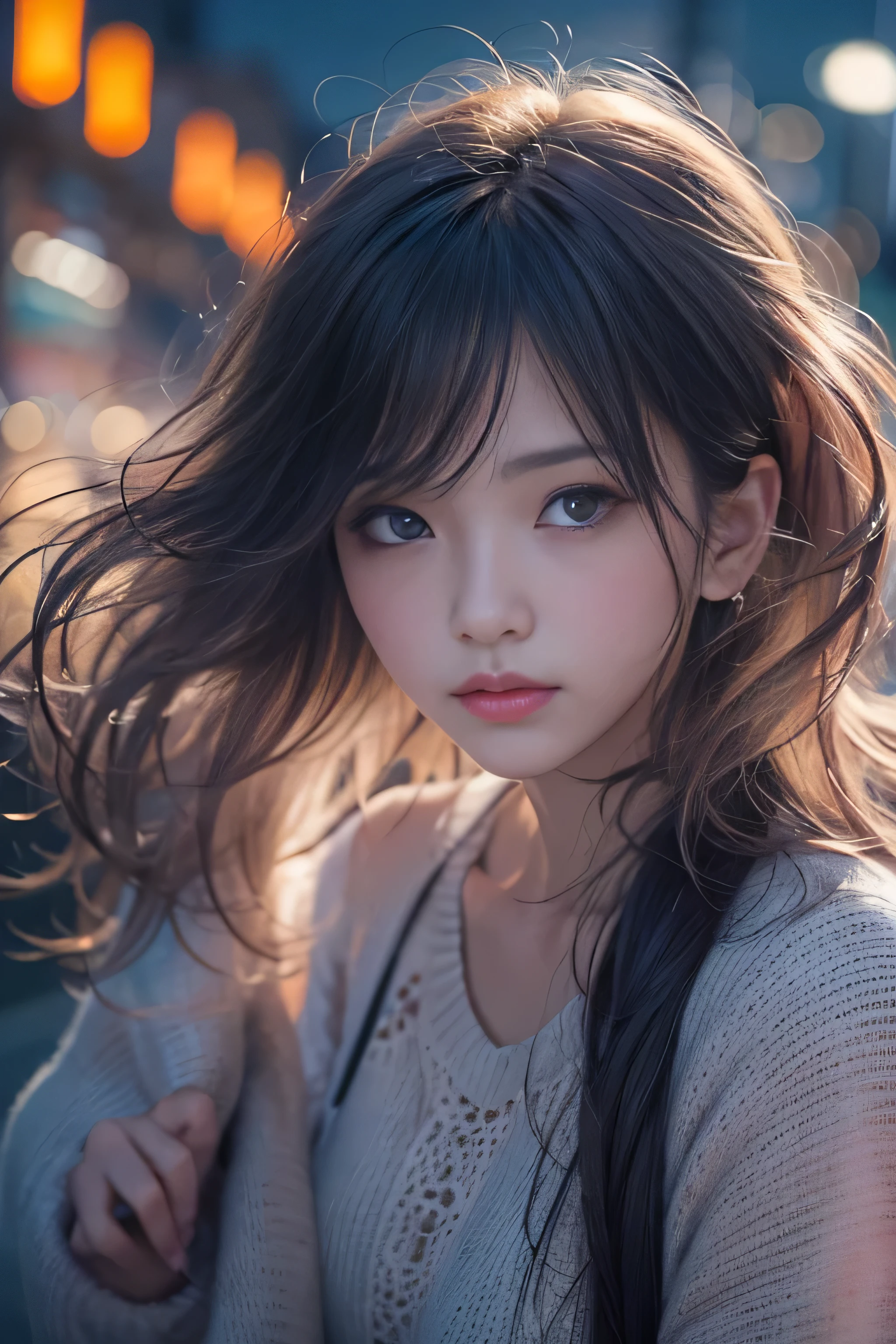 highest quality、High resolution、Super detailed、masterpiece、(Live shooting:1.5)、genuine:1.5、photogenuineistic:1.5、very delicate and beautiful、small details、1 female、Early 20s、(super beautiful)、(beautiful face:1.5)、(detailed face:1.5)、The blue night lasts until the end of the road、The sad night put me next to you、City lights are comets fluttering in the distance、I saw the wind on the other side of the pier、White sigh disappears into darkness、The freezing night carries me next to you、Stay by my side without saying anything