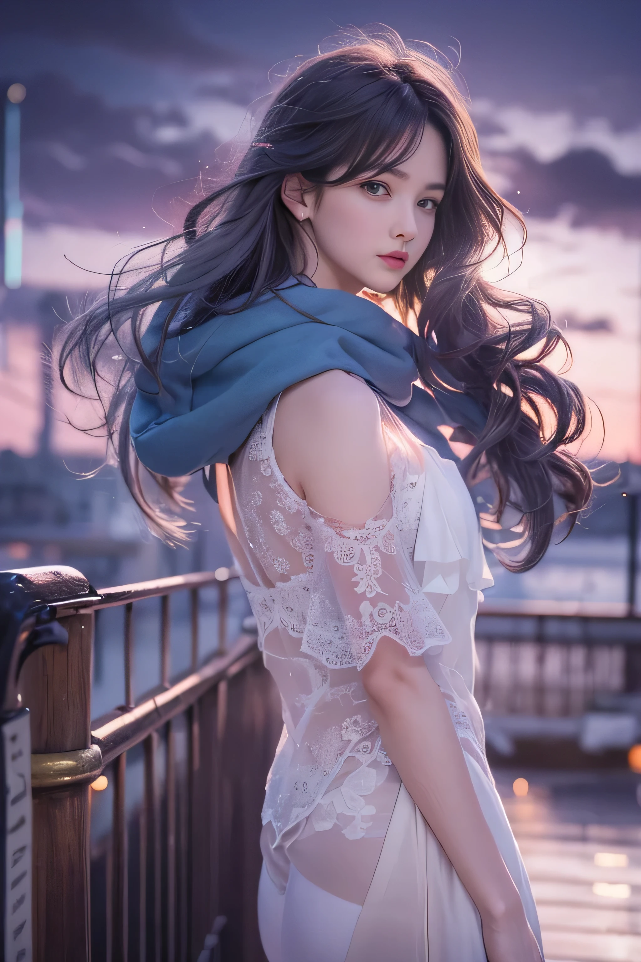 highest quality、High resolution、Super detailed、masterpiece、(Live shooting:1.5)、genuine:1.5、photogenuineistic:1.5、very delicate and beautiful、small details、1 female、Early 20s、(super beautiful)、(beautiful face:1.5)、(detailed face:1.5)、fine eyes、detailed lips、detailed nose、The blue night lasts until the end of the road、The sad night put me next to you、City lights are comets fluttering in the distance、I saw the wind on the other side of the pier、White sigh disappears into darkness、The freezing night carries me next to you、Stay by my side without saying anything