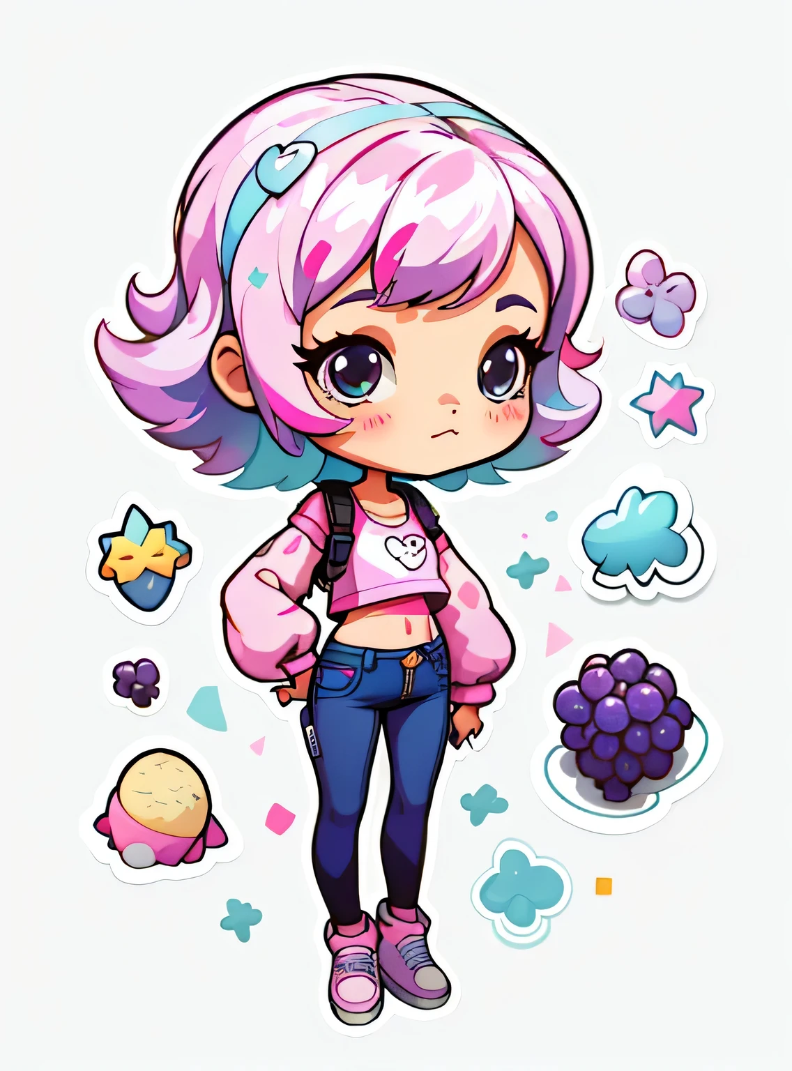 1 adesivo, manual, (uma garota estilosa, modelo, Top rosa, fresco e fresco), fundo rosa e branco, fundo simples, minimum, uva, mirtilo, Bonitinho, pequeno, cor pastel, estilo vetorial, sem gradiente,