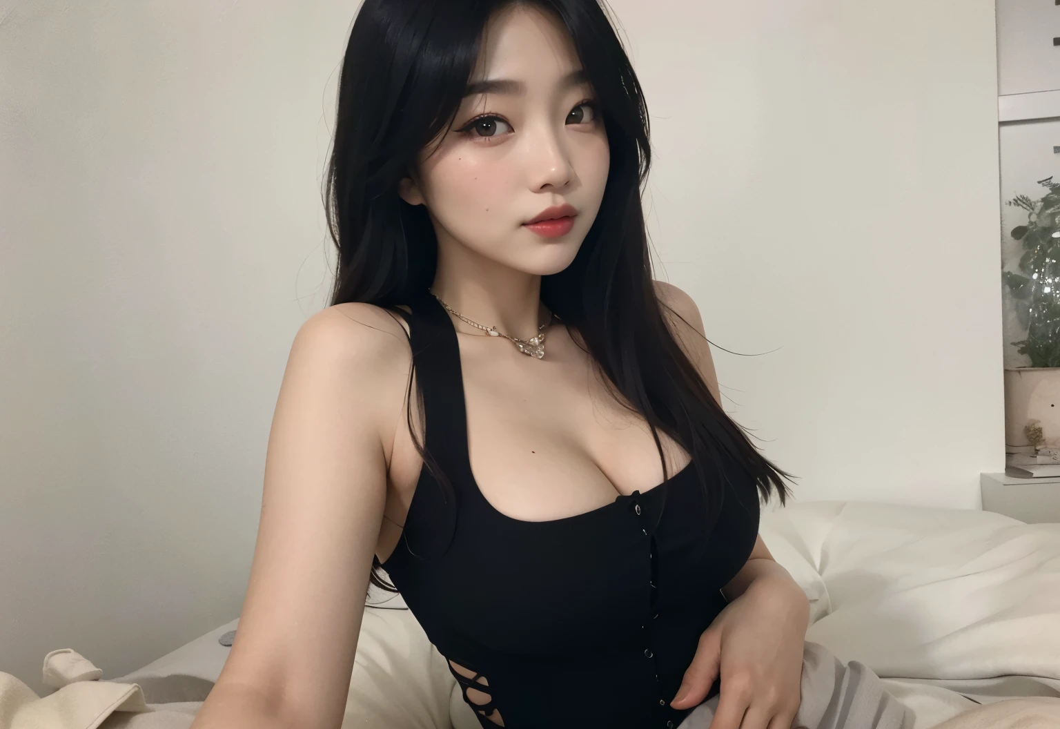 there is a woman in a black dress posing on a bed, korean girl, gorgeous young korean woman, beautiful south korean woman, korean woman, beautiful young korean woman, asian girl, beautiful asian girl, 18 years old, good young girl, heonhwa choe, sexy look at the camera, jaeyeon nam, asian women, japanese goddess, joy red velvet