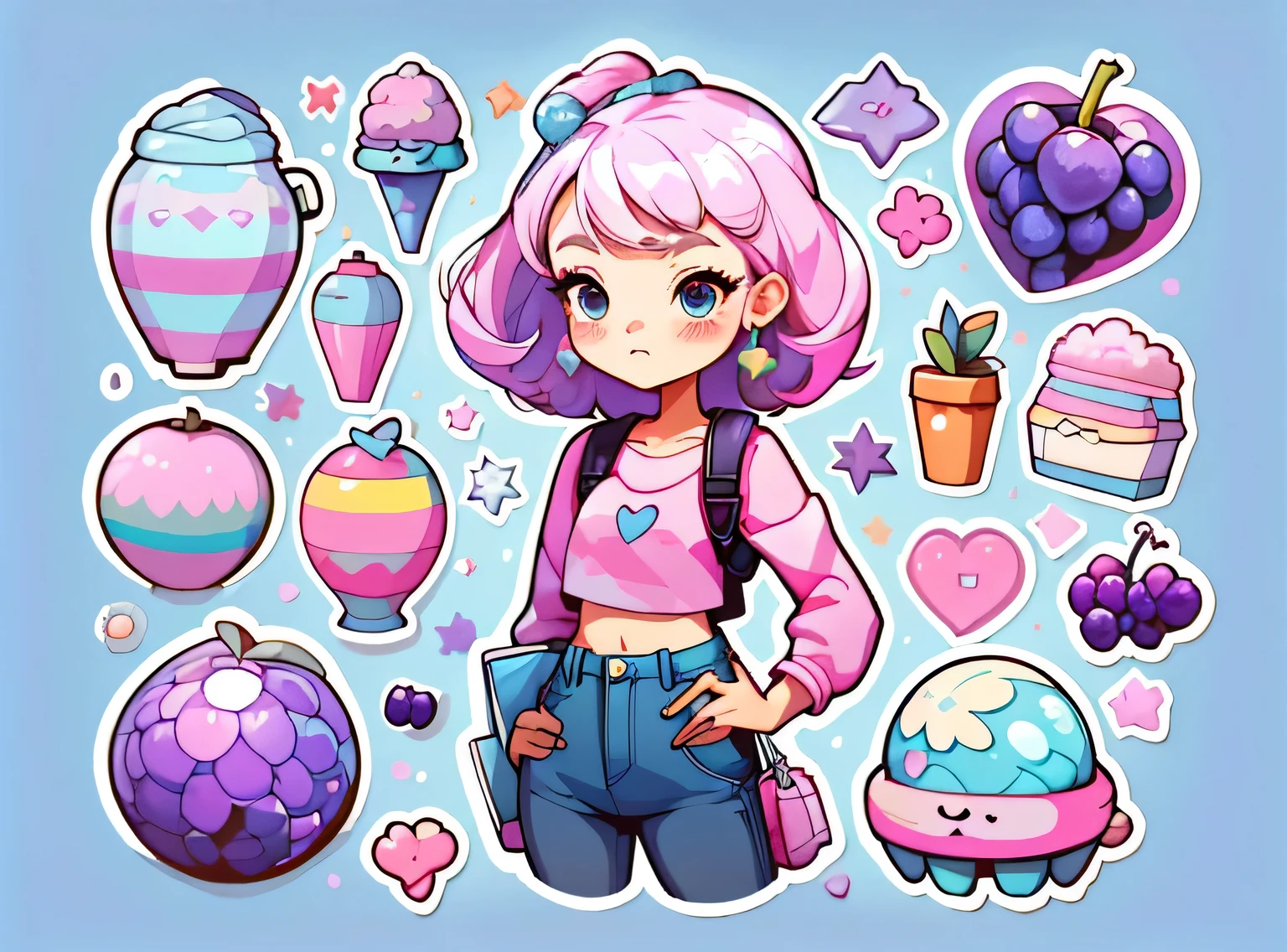 1 adesivo, manual, (uma garota estilosa, modelo, Top rosa, fresco e fresco), fundo roxo e azul, fundo simples, minimum, uva, mirtilo, Bonitinho, pequeno, cor pastel, estilo vetorial, sem gradiente,