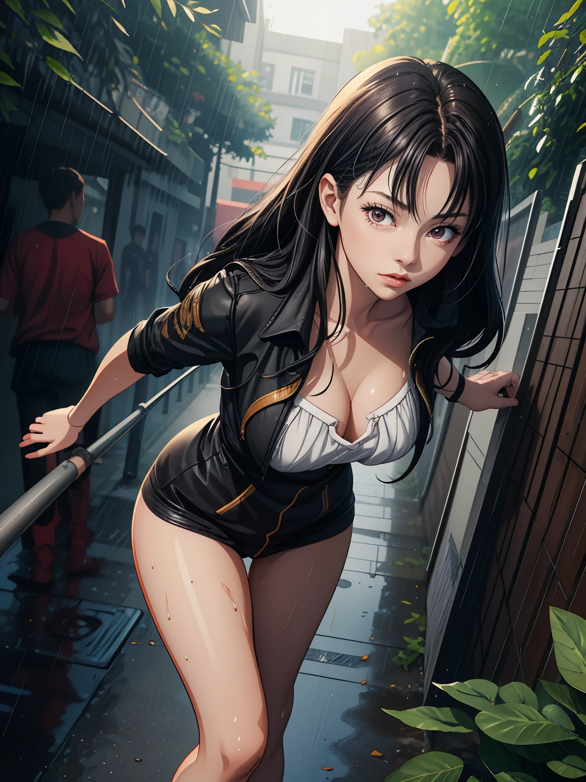 ((masterpiece)), (best quality),, official art, extremely detailed CG unity 8k wallpaper, highly detailed, shiny skin, Depth of field, vivid color,, 1girl, (curvy:0.6), (full body:0.8), girl wearing sexy clothes, sexy , portrait sophie mudd, casual pose, gorgeous young model, cute young woman, a beautiful -aged girl, very pretty model, young , cute young girl, beautiful young girl, beautiful model, long black hair, dark hair,wet hairs, shiny hair, young and cute girl, girl, Ishtar, Fate Grand Order, Ishtar anime, anime, high shadow texturing, shadows included, looking epic, epic background, epic place, single person, nobody else, wearing somethink cute, wearing cute dress, adorable, kawaii, cute, proud, rainy day, rain, raining, 18+ , epic background, super epic backgorund, backgorund theme, suepr shadowing, shadows, wearing sexy clothes of random color, (Background: old town, rain, rainyforest, nature), poses: (Poses: running during rain, running when its raining ,leaning over wall, standing, legs crossed), wet because of rain, trying to run during rain, realistic, hyper detailer, high details