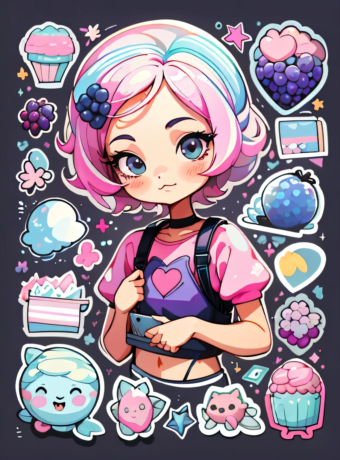 1 adesivo, manual, (uma garota estilosa, modelo, Top rosa, fresco e fresco), fundo rosa e preto, fundo simples, minimum, uva, mirtilo, Bonitinho, pequeno, cor pastel, estilo vetorial, sem gradiente，