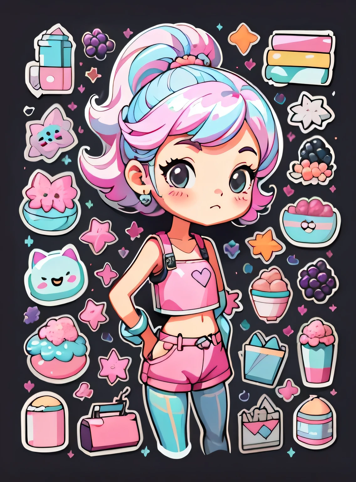 1 adesivo, manual, (uma garota estilosa, modelo, Top rosa, fresco e fresco), fundo rosa e preto, fundo simples, minimum, uva, mirtilo, Bonitinho, pequeno, cor pastel, estilo vetorial, sem gradiente,