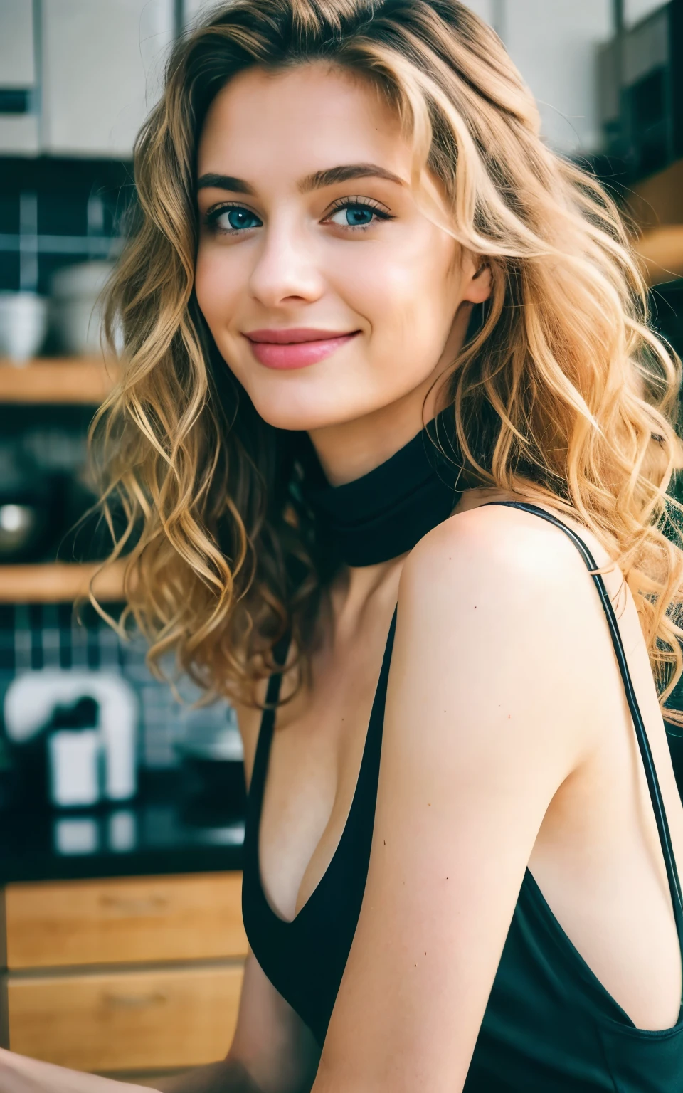 Beautiful blonde highlights wearing a black tank (in a kitchen), highly detailed, 23 years old, , , smile face, natural wavy hair, blue eyes, high resolution, Masterpiece, Best quality, Intricate high detail, Highly detailed, Sharp focus, Detailed skin, realistic skin texture, texture, detailed eyes, professional, 4k, charming smile, shot on Canon, 85mm, shallow depth of field, Kodak Vision Color, Perfect Fit Body , extremely detailed, photography_\(ultra\), Photorealistic, Realistic, Post-processing, maximum details, roughness, real life, ultra realistic, Photorealism, photography, 8k UHD, photography, busty a la pcine bois un vin