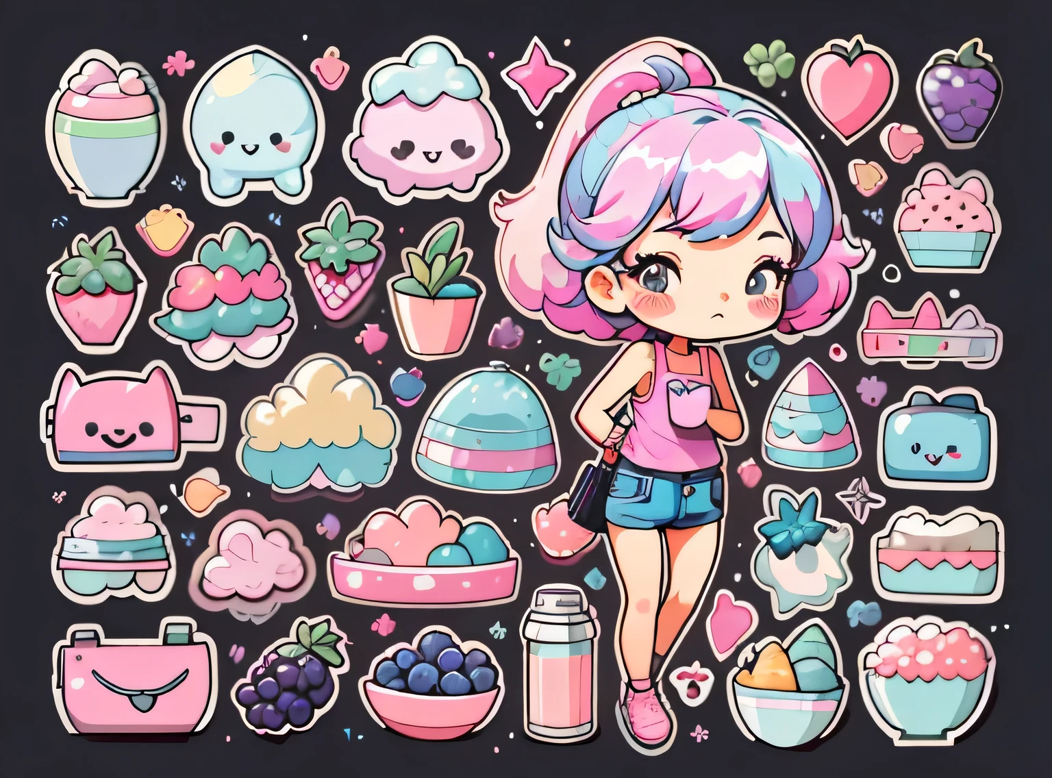 1 adesivo, manual, (uma garota estilosa, modelo, Top rosa, fresco e fresco), fundo rosa e preto, fundo simples, minimum, uva, mirtilo, Bonitinho, pequeno, cor pastel, estilo vetorial, sem gradiente，