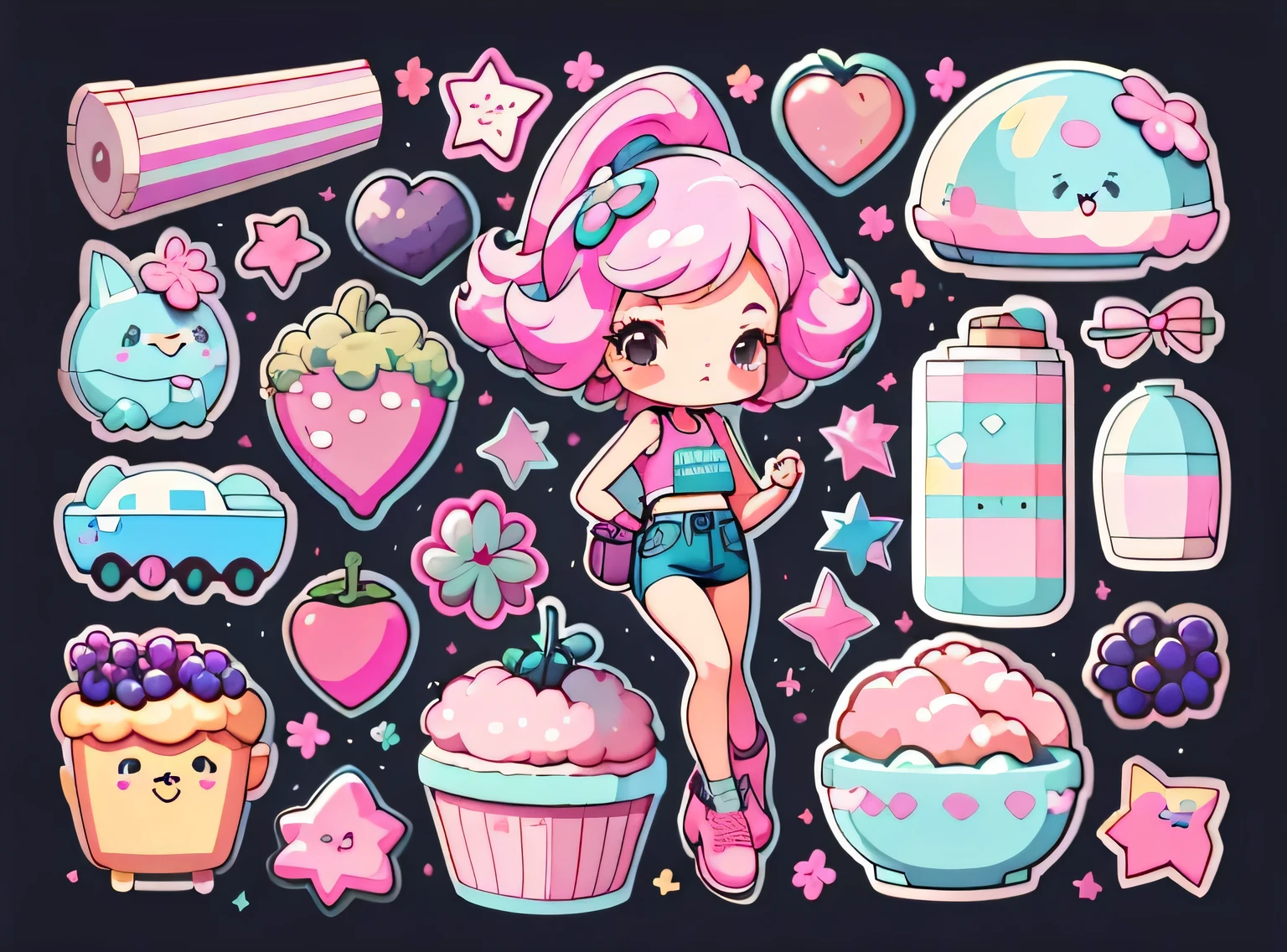 1 adesivo, manual, (uma garota estilosa, modelo, Top rosa, fresco e fresco), fundo rosa e preto, fundo simples, minimum, uva, mirtilo, Bonitinho, pequeno, cor pastel, estilo vetorial, sem gradiente,