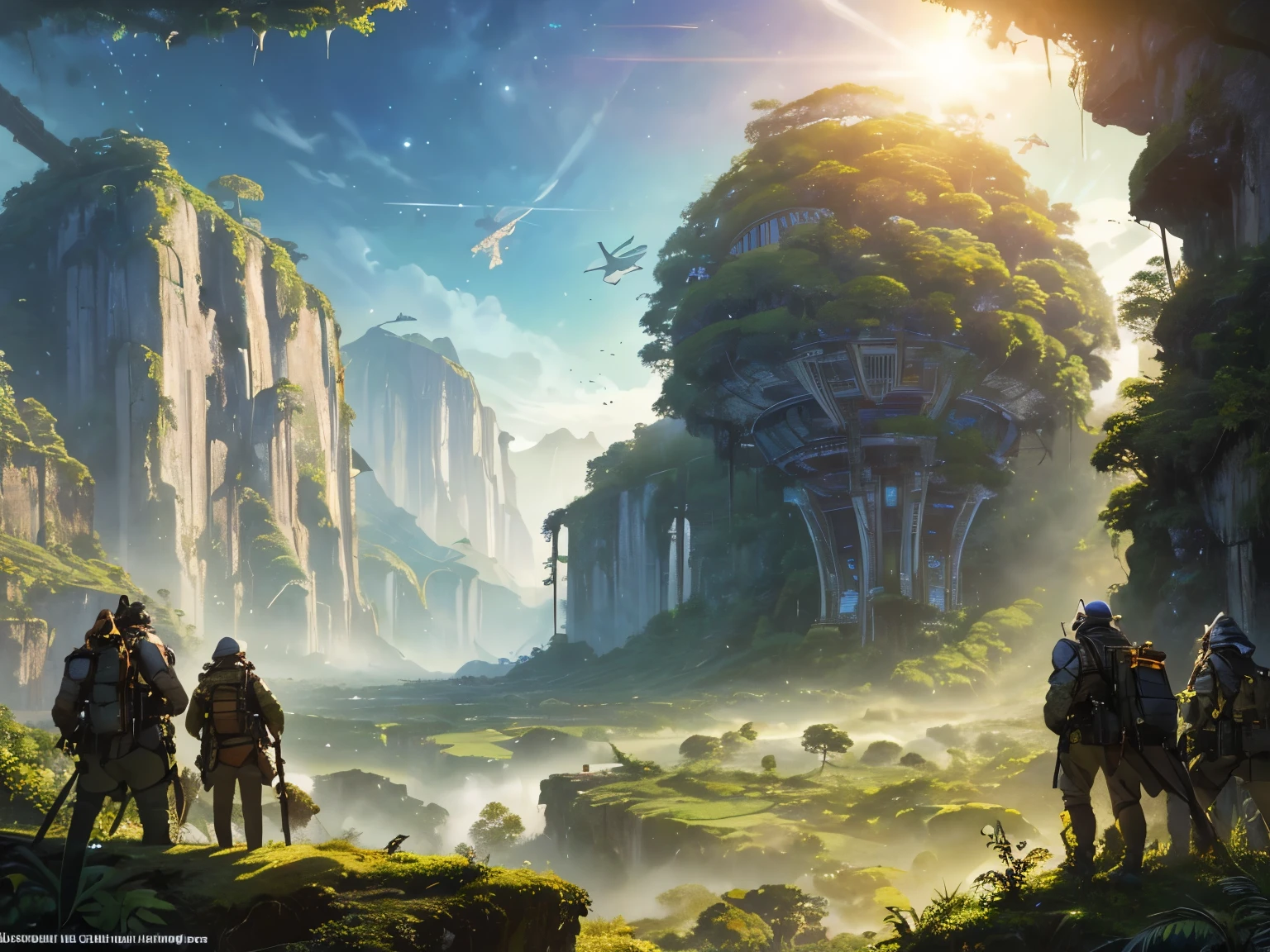 (masterpiece,best quality,ultra-detailed,high resolution,extremely detailed), illustration in style of Jim Burns, landscape, a dense jungle on an alien planet, arcology, human crowds, birds flying, huge planets in sky, spectacle, ((evening sky)), tall mountains in background, rich colour, dusk light, stars, foliage, fantasy, retro futurism,