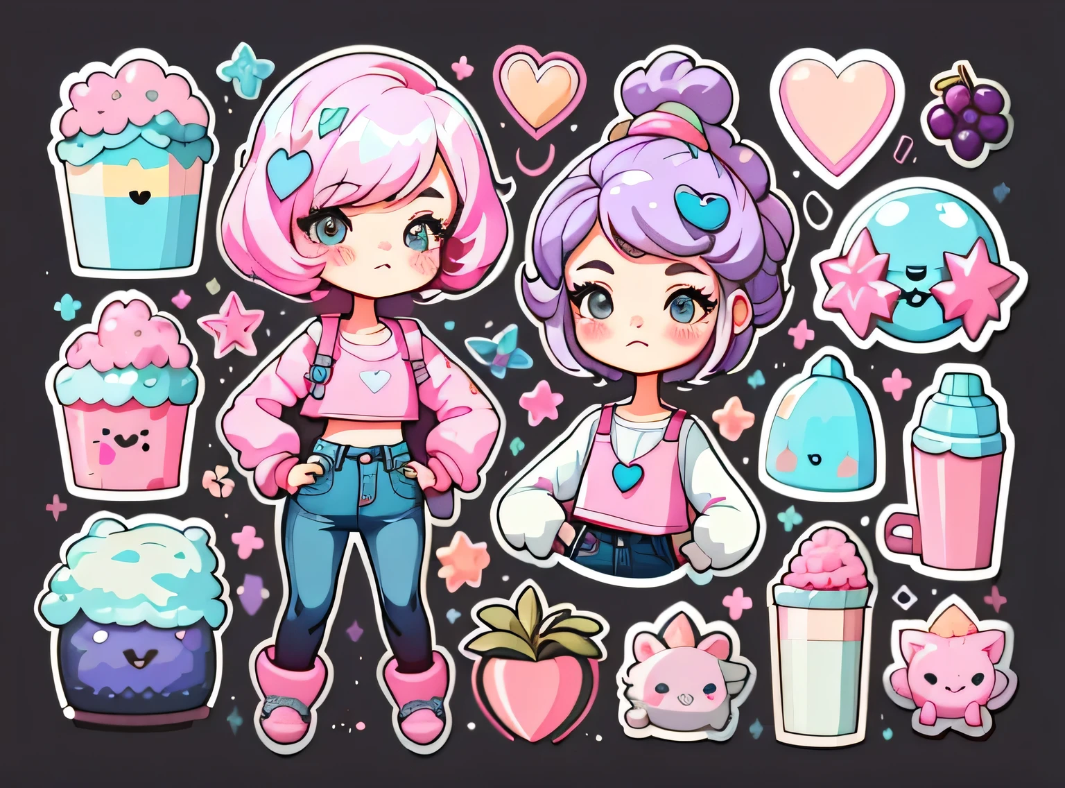 1 adesivo, manual, (uma garota estilosa, modelo, Top rosa, fresco e fresco), fundo rosa e preto, fundo simples, minimum, uva, mirtilo, Bonitinho, pequeno, cor pastel, estilo vetorial, sem gradiente,