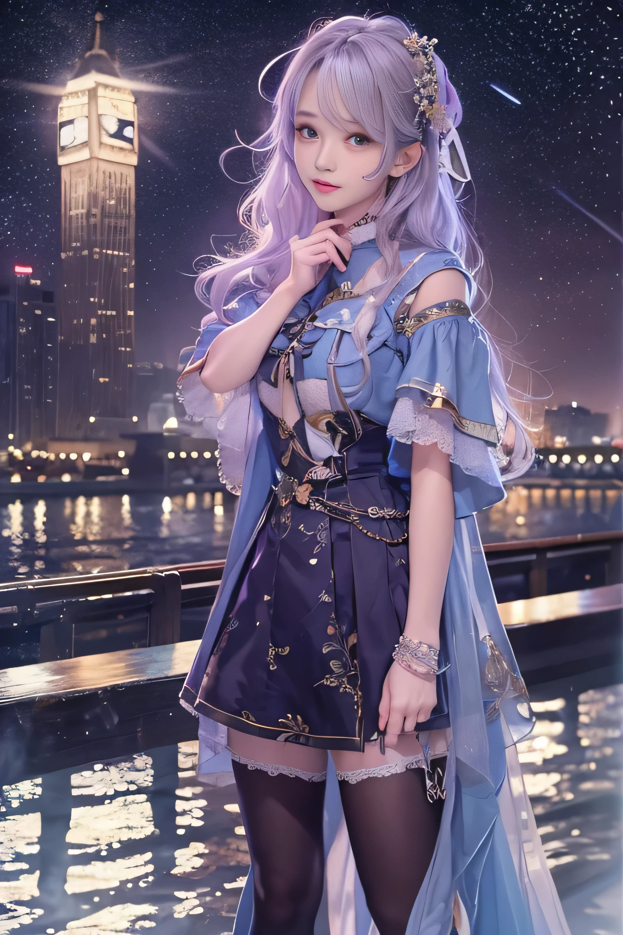 highest quality、High resolution、Super detailed、masterpiece、(Live shooting:1.5)、genuine:1.5、photogenuineistic:1.5、very delicate and beautiful、small details、1 female、Early 20s、(super beautiful)、(beautiful face:1.5)、(detailed face:1.5)、fine eyes、detailed lips、detailed nose、The blue night lasts until the end of the road、The sad night put me next to you、City lights are comets fluttering in the distance、I saw the wind on the other side of the pier、White sigh disappears into darkness、The freezing night carries me next to you、Stay by my side without saying anything
