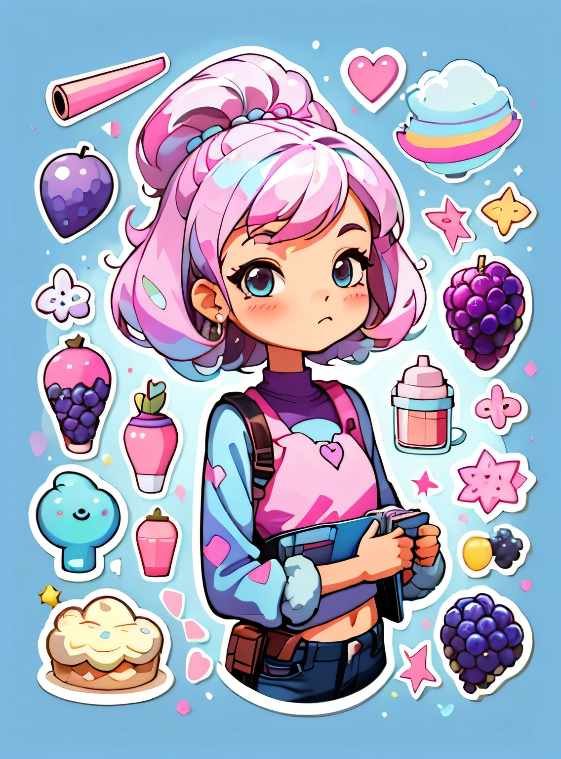 1 adesivo, manual, (uma garota estilosa, modelo, Top rosa, fresco e fresco), fundo marrom e azul, fundo simples, minimum, uva, mirtilo, Bonitinho, pequeno, cor pastel, estilo vetorial, sem gradiente，