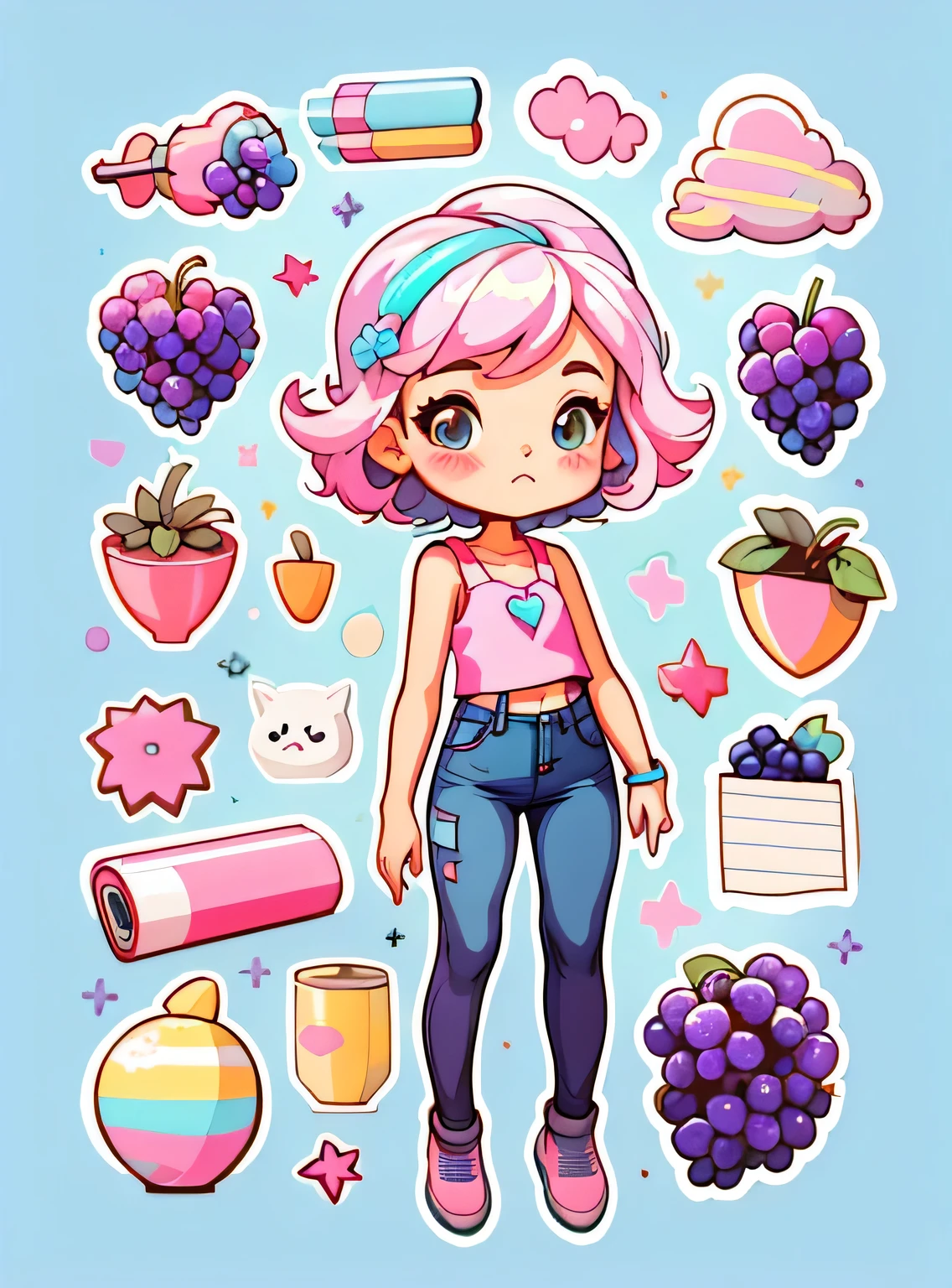 1 adesivo, manual, (uma garota estilosa, modelo, Top rosa, fresco e fresco), fundo marrom e azul, fundo simples, minimum, uva, mirtilo, Bonitinho, pequeno, cor pastel, estilo vetorial, sem gradiente,