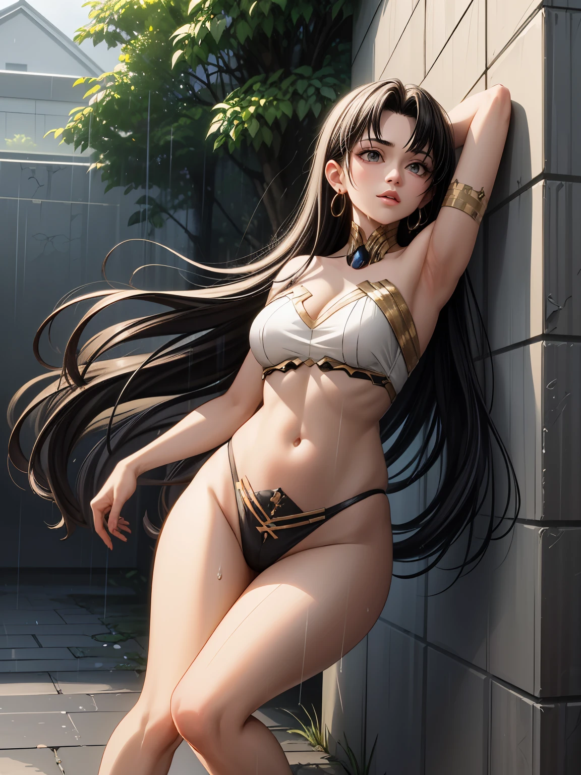 ((masterpiece)), (best quality),, official art, extremely detailed CG unity 8k wallpaper, highly detailed, shiny skin, Depth of field, vivid color,, 1girl, (curvy:0.6), (full body:0.8), girl wearing sexy clothes, sexy , portrait sophie mudd, casual pose, gorgeous young model, cute young woman, a beautiful -aged girl, very pretty model, young , cute young girl, beautiful young girl, beautiful model, long black hair, dark hair,wet hairs, shiny hair, young and cute girl, girl, Ishtar, Fate Grand Order, Ishtar anime, anime, high shadow texturing, shadows included, looking epic, epic background, epic place, single person, nobody else, wearing somethink cute, wearing cute dress, adorable, kawaii, cute, proud, rainy day, rain, raining, 18+ , epic background, super epic backgorund, backgorund theme, suepr shadowing, shadows, wearing sexy clothes of random color, (Background: old town, rain, rainyforest, nature), poses: (Poses: running during rain, running when its raining ,leaning over wall, standing, legs crossed), wet because of rain, trying to run during rain, realistic, hyper detailer, high details
