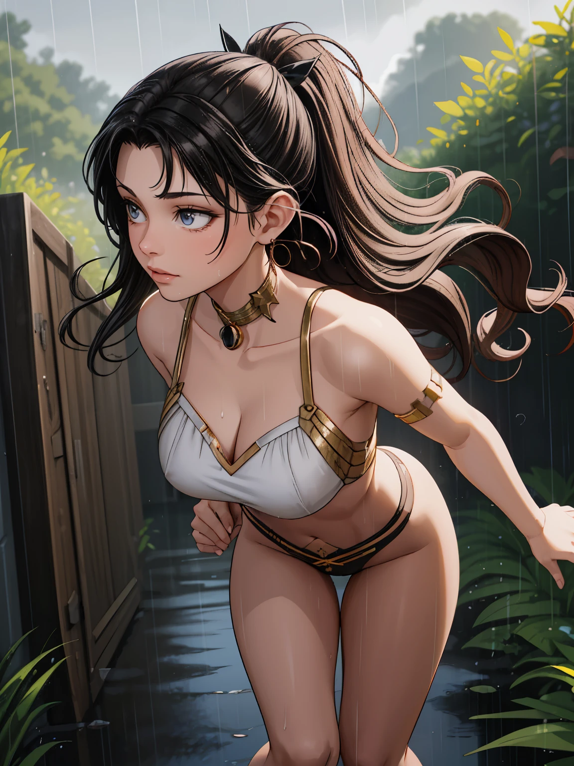 ((masterpiece)), (best quality),, official art, extremely detailed CG unity 8k wallpaper, highly detailed, shiny skin, Depth of field, vivid color,, 1girl, (curvy:0.6), (full body:0.8), girl wearing sexy clothes, sexy , portrait sophie mudd, casual pose, gorgeous young model, cute young woman, a beautiful -aged girl, very pretty model, young , cute young girl, beautiful young girl, beautiful model, long black hair, dark hair,wet hairs, shiny hair, young and cute girl, girl, Ishtar, Fate Grand Order, Ishtar anime, anime, high shadow texturing, shadows included, looking epic, epic background, epic place, single person, nobody else, wearing somethink cute, wearing cute dress, adorable, kawaii, cute, proud, rainy day, rain, raining, 18+ , epic background, super epic backgorund, backgorund theme, suepr shadowing, shadows, wearing sexy clothes of random color, (Background: old town, rain, rainyforest, nature), poses: (Poses: running during rain, running when its raining ,leaning over wall, standing, legs crossed), wet because of rain, trying to run during rain, realistic, hyper detailer, high details
