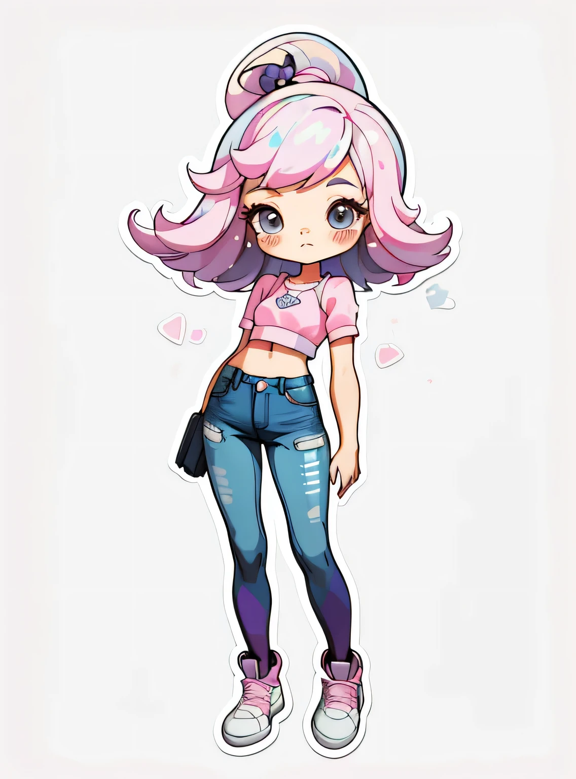 1 adesivo, manual, (uma garota estilosa, modelo, Top rosa, fresco e fresco), fundo rosa e branco, fundo simples, minimum, uva, mirtilo, Bonitinho, pequeno, cor pastel, estilo vetorial, sem gradiente，