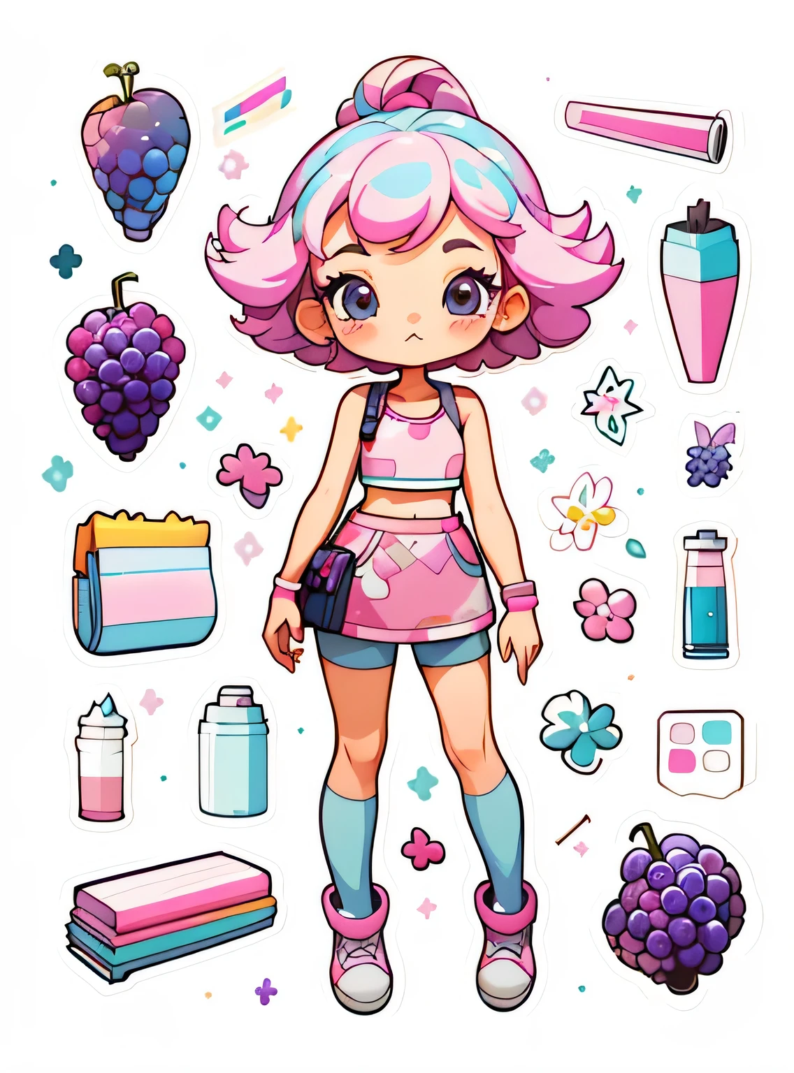1 adesivo, manual, (uma garota estilosa, modelo, Top rosa, fresco e fresco), fundo rosa e branco, fundo simples, minimum, uva, mirtilo, Bonitinho, pequeno, cor pastel, estilo vetorial, sem gradiente,