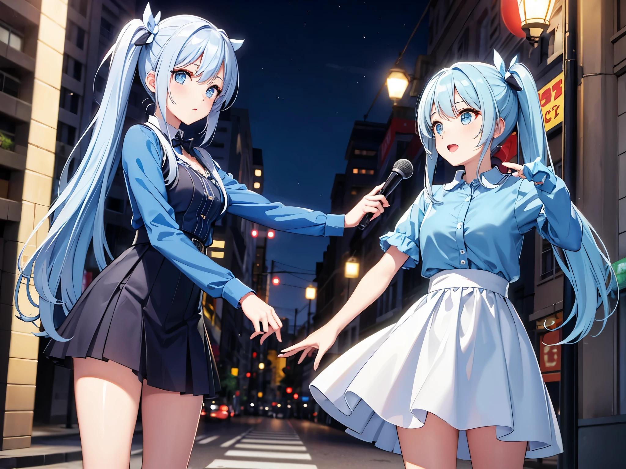 realistically, 2 girls, twin tails, 1 ponytail, brown eyes, glowing eyes, white short skirt, Blush, daytime, Wet from the rain, see through, sleeveless shirt, nipples, Sit with your knees raised., pussy, crotch, naked, smile, armpit, concert stage,