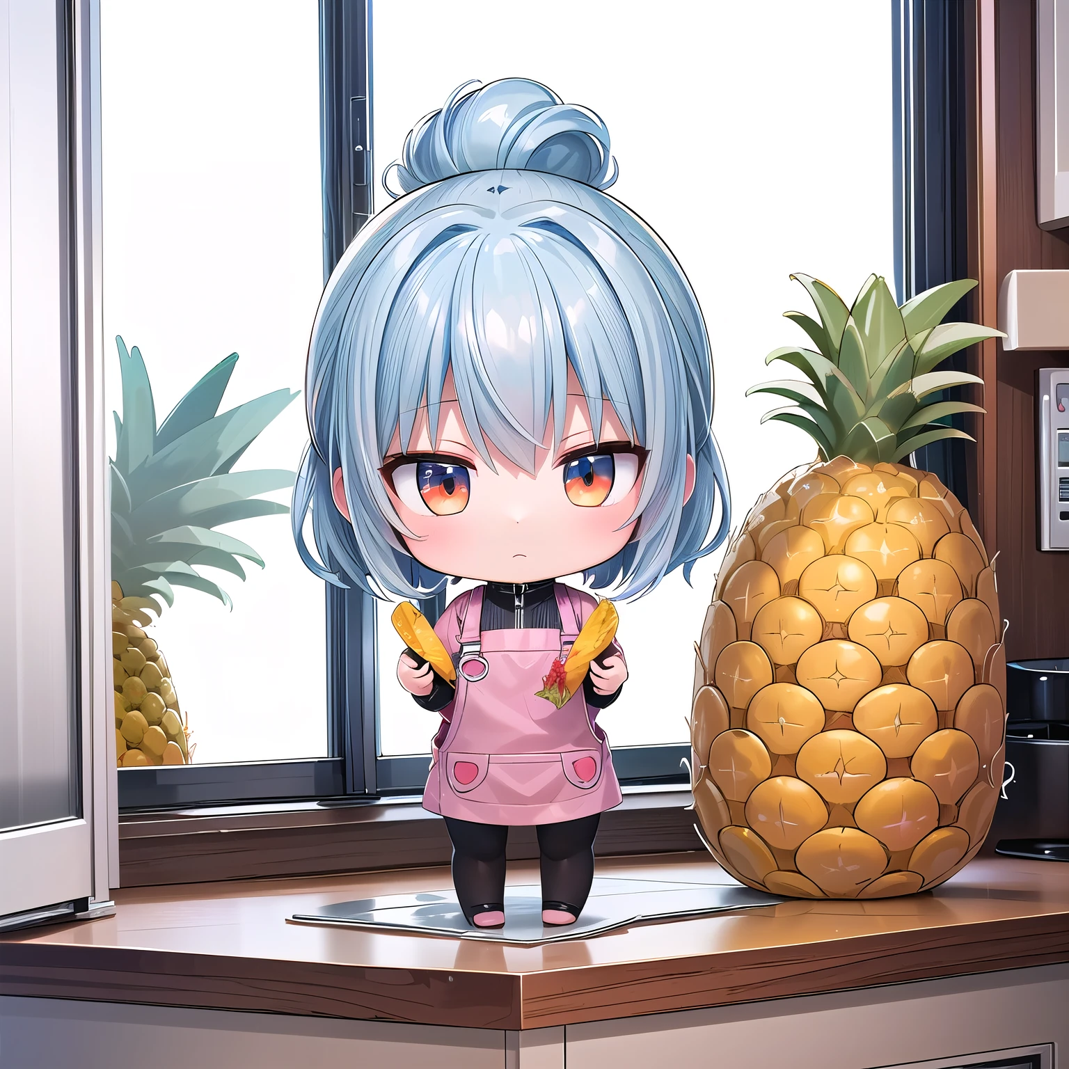 ((Chibi, miniature, REAL, pineapple, 3DCG, Nendoroid, one girl: 1.3)) ,(Masterpiece, almond-shaped eyes, glossy white-blue hair, short chignon hair, top quality, carefully drawn fingertips, beautiful anatomy : 1.4), (full body: 1.3), (Red cheeks, indifference, no expression, hair blowing in the wind: 1.2), (Slim and warm clothes,warm tights, zip Parker overall,Celebrity Lifestyle: 1.2),(morning,pineapple building,Window,chibi cooking,kitchen:1.3)