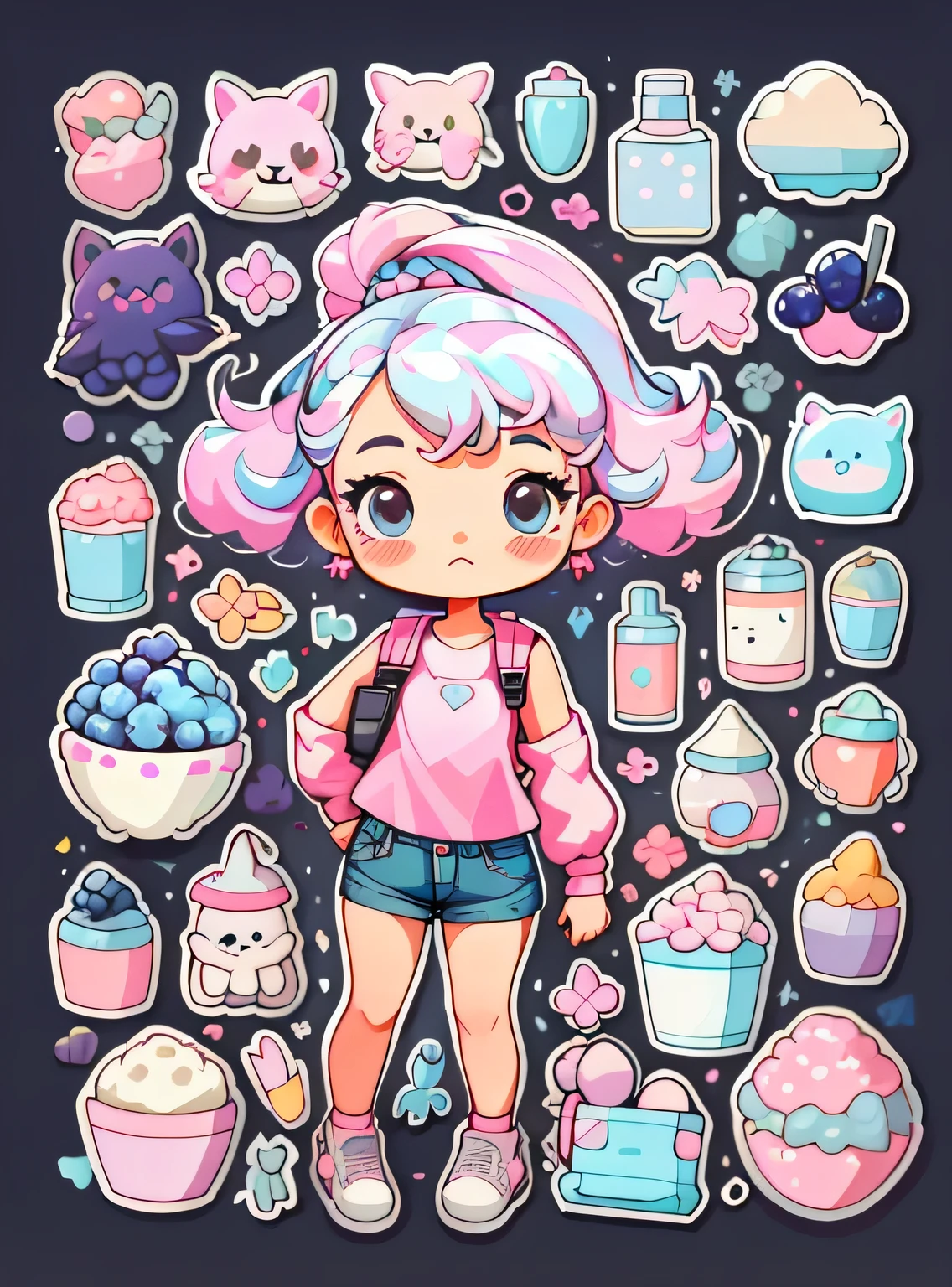 1 adesivo, manual, (uma garota estilosa, modelo, Top rosa, fresco e fresco), fundo rosa e preto, fundo simples, minimum, uva, mirtilo, Bonitinho, pequeno, cor pastel, estilo vetorial, sem gradiente,