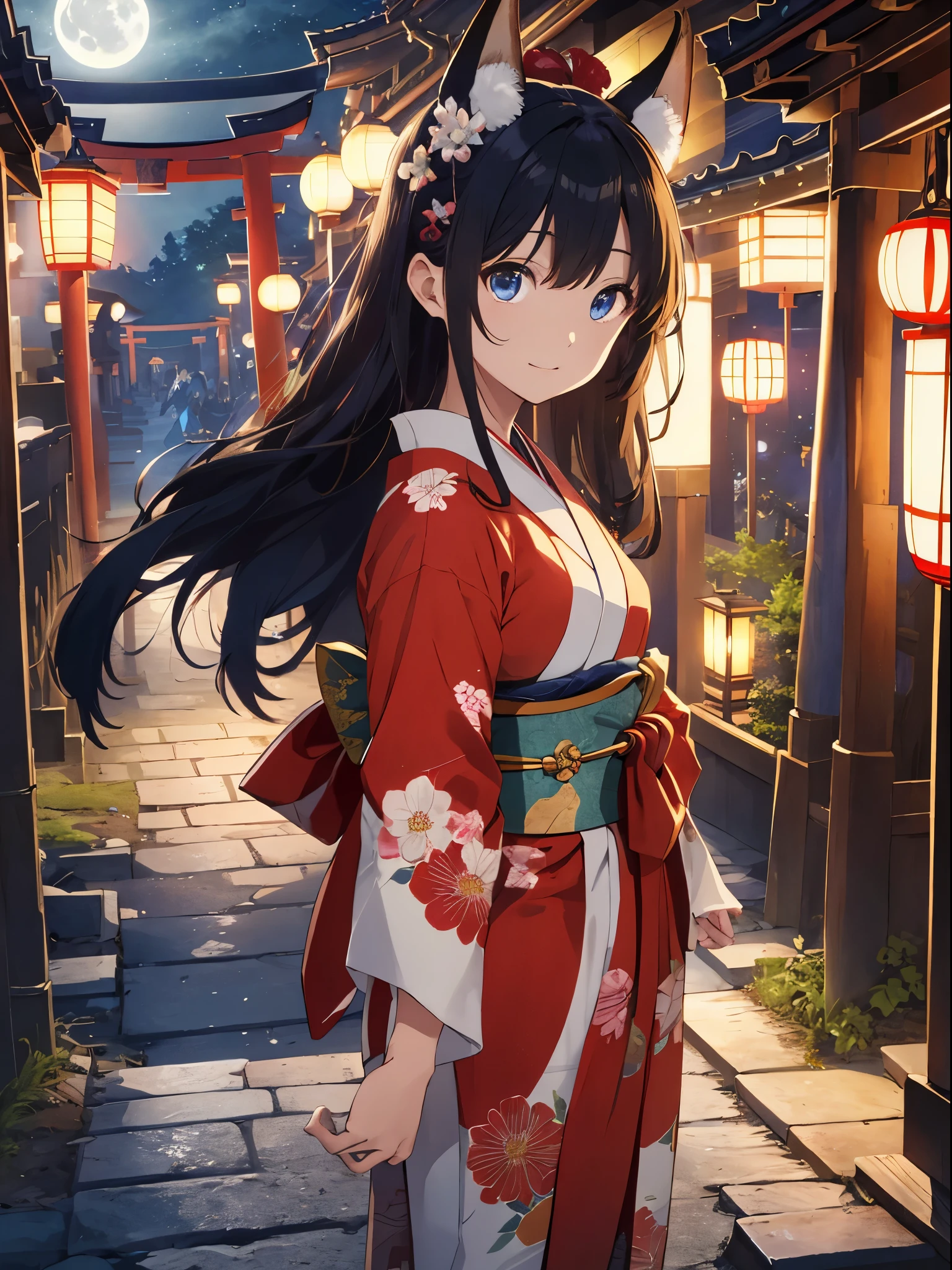(absurd、High resolution、super detailed)、close up of face、Facial emphasis、focus on face、one woman、beautiful girl、long straight hair、Beautiful shiny hair、blue eyes、bangs、long sleeve、Finely drawn eyes and detailed faces、eye highlights、Hands without breaks、Abundant lighting、Highly detailed CG integrated 8k wallpaper、intricate details、Portrait、sight、solo、half shot、Fine drawing face、 soft smile、dynamic pose、Classical period、(Ancient Japan themed:1.1)、Japan myths、fox ears、Fushimi Inari、Red torii、Japanese、Regulations、Person Japan Blue kimono、floral kimono、Ancient theme、(Prosperous civilization:1.1)、moon in the background、(pure white:1.1)shrine、torii、japanese landscape、Ancient city in the background、fox mask on head、Fantastic、dream-like、Dancing Light、lanthanum、Solemn evening、darkness、performer、portrait、movie lighting