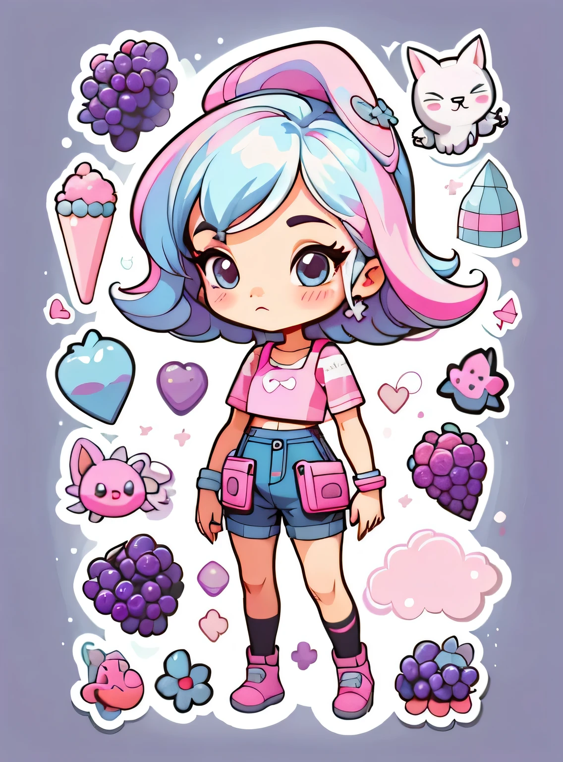 1 adesivo, manual, (uma garota estilosa, modelo, Top rosa, fresco e fresco), fundo rosa e preto, fundo simples, minimum, uva, mirtilo, Bonitinho, pequeno, cor pastel, estilo vetorial, sem gradiente,