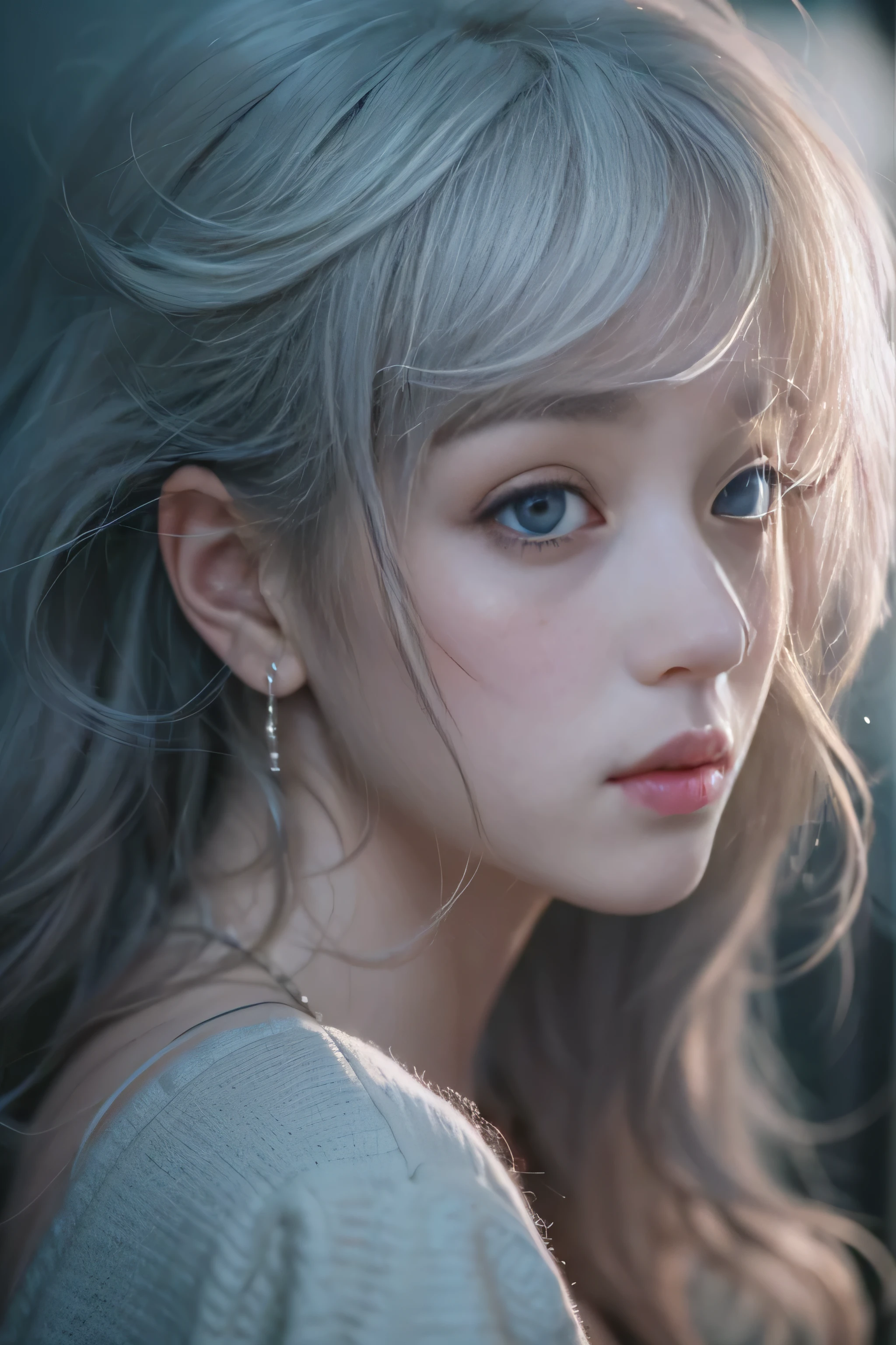 highest quality、High resolution、Super detailed、masterpiece、(Live shooting:1.5)、genuine:1.5、photogenuineistic:1.5、very delicate and beautiful、small details、1 female、Early 20s、(super beautiful)、(beautiful face:1.5)、(detailed face:1.5)、fine eyes、detailed lips、detailed nose、The blue night lasts until the end of the road、The sad night put me next to you、City lights are comets fluttering in the distance、I saw the wind on the other side of the pier、White sigh disappears into darkness、The freezing night carries me next to you、Stay by my side without saying anything