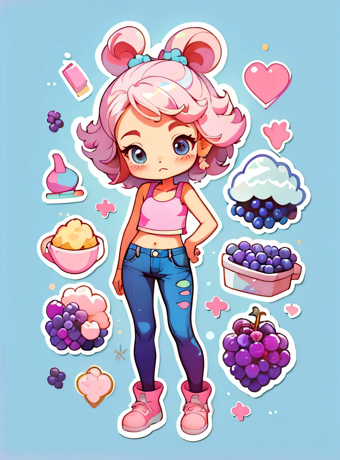 1 adesivo, manual, (uma garota estilosa, modelo, Top rosa, fresco e fresco), fundo marrom e azul, fundo simples, minimum, uva, mirtilo, Bonitinho, pequeno, cor pastel, estilo vetorial, sem gradiente,