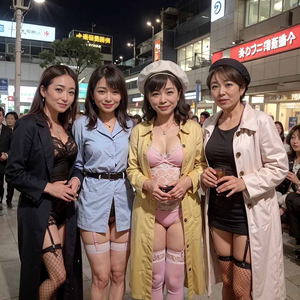 （Highest image quality、highest quality、highest resolution、masterpiece、become familiar with、real photos、professional photography、realistic、CG Unity、wallpaper、UHD、soft lighting、film grain、Fujifilm XT3、Depth of written boundary、sharp focus、35mm lens focal length）、beautiful 54 year old woman、(There are 3 of us:1.3)、(light brown long curly hair:1.2)、(smile、Clear and beautiful skin)、beautiful and dark makeup、necklace、I wear earrings and rings、カメラを見てsmile、(I'm skinny:1.2)、(:1.2)、(Wearing pink lingerie, garter belt, and fishnet stockings:1.2)、He is wearing a stylish checked beret.、I&#39;m wearing brown high heels、(I have a black luxury bag)、(A long dark blue coat with golden buttons.、The front is open)、Looks like you&#39;ll have a lot of fun shopping in Ginza and Harajuku.