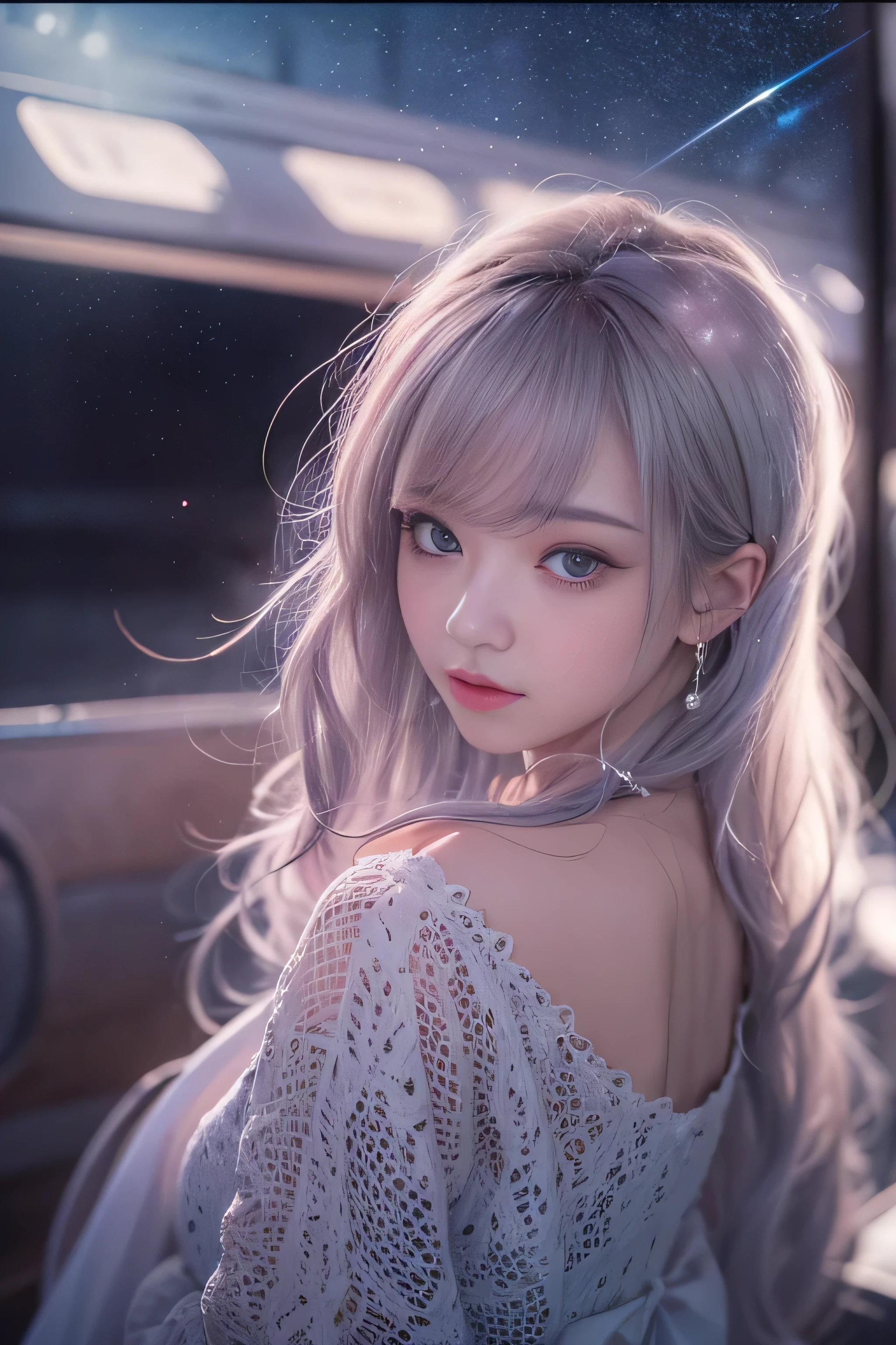 highest quality、High resolution、Super detailed、masterpiece、(Live shooting:1.5)、genuine:1.5、photogenuineistic:1.5、very delicate and beautiful、small details、1 female、Early 20s、(super beautiful)、(beautiful face:1.5)、(detailed face:1.5)、fine eyes、detailed lips、detailed nose、The blue night lasts until the end of the road、The sad night put me next to you、City lights are comets fluttering in the distance、I saw the wind on the other side of the pier、White sigh disappears into darkness、The freezing night carries me next to you、Stay by my side without saying anything