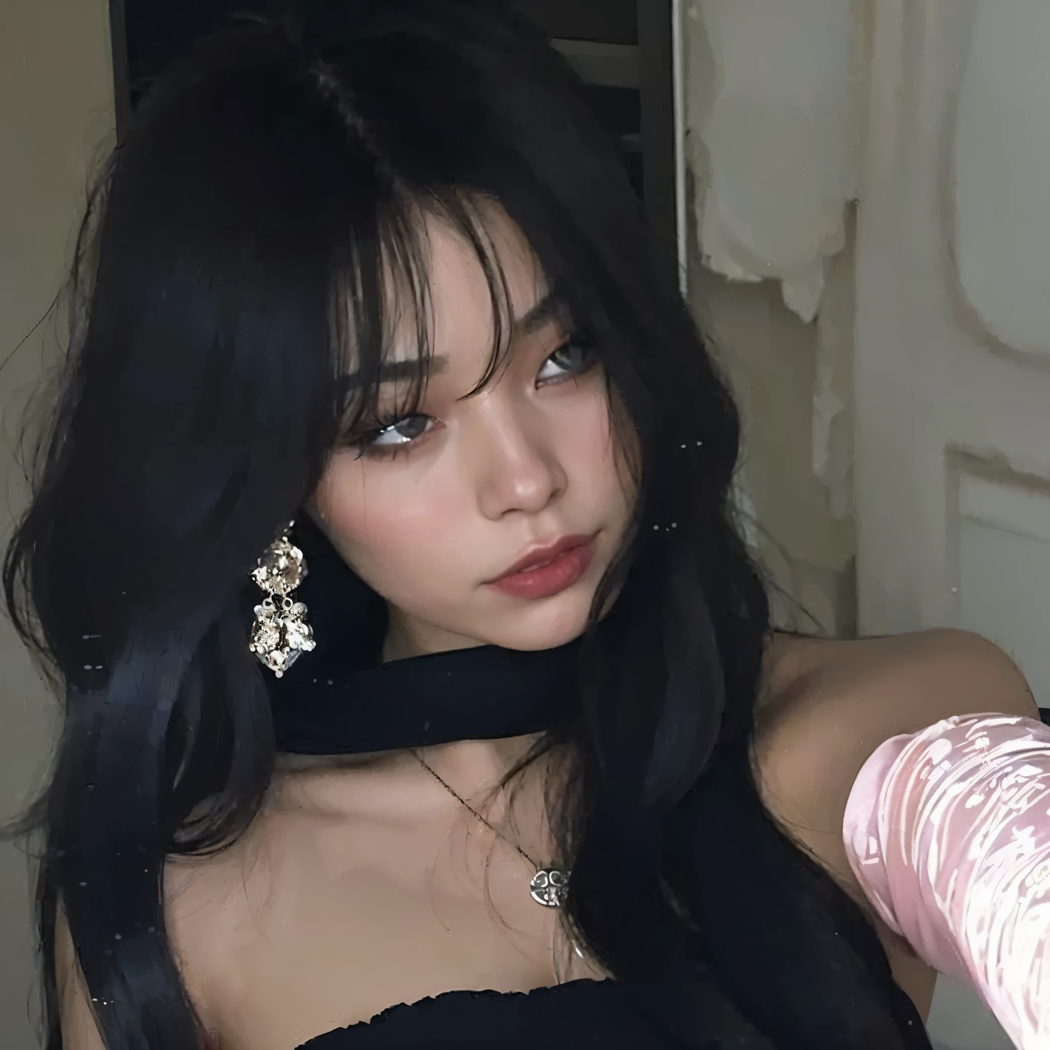 There is a woman with long black hair wearing a black dress, cruel korean goth girl, she has black hair com franja, cabelo preto com franja, goth girl aesthetic,com franja, com franja completa, pale gothic beauty, fair and pale skin!!, Sana do twice