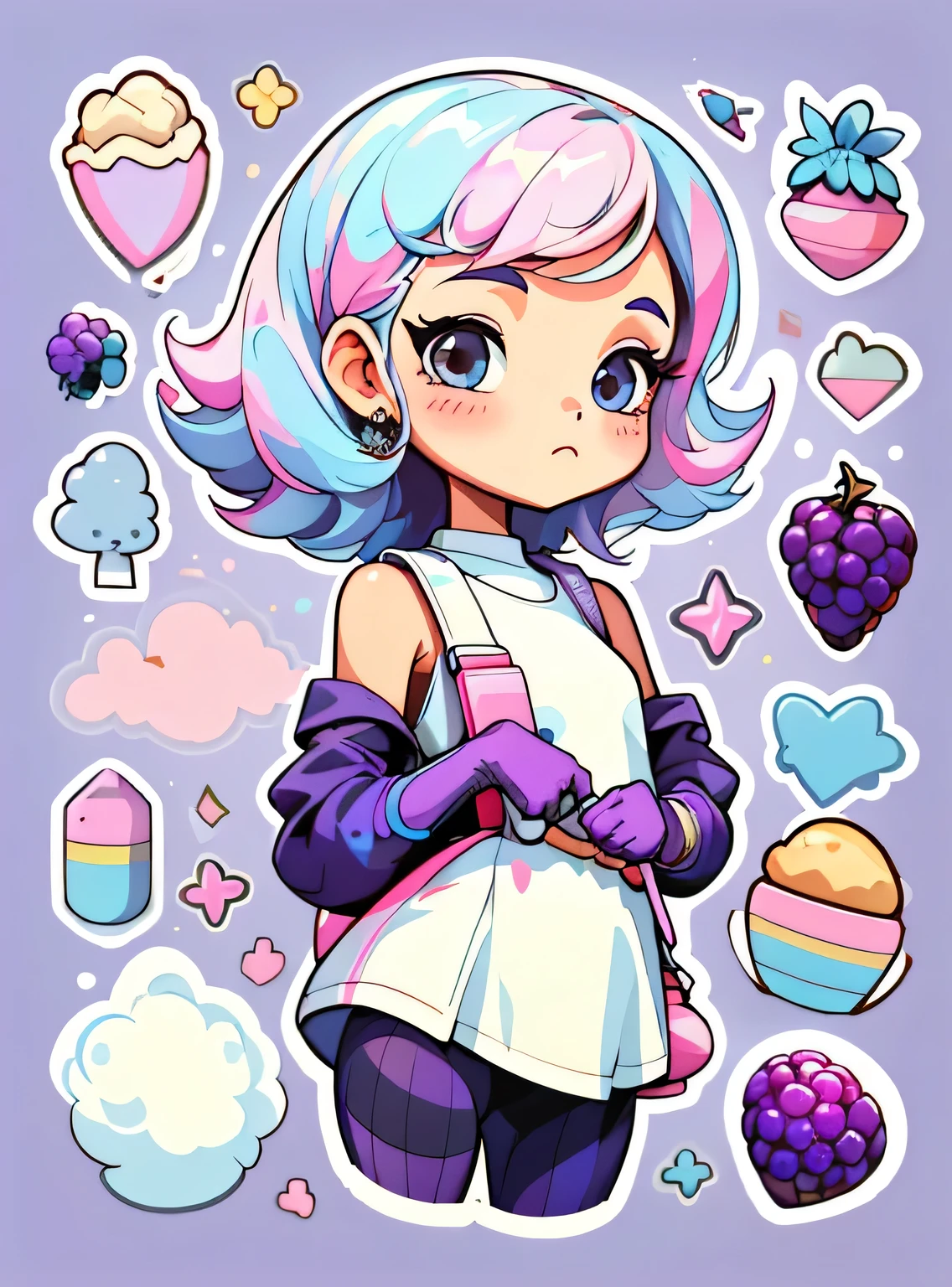 1 adesivo, manual, (uma garota estilosa, modelo, Topo branco, fresco e fresco), fundo rosa e preto, fundo simples, minimum, uva, mirtilo, Bonitinho, pequeno, cor pastel, estilo vetorial, sem gradiente,