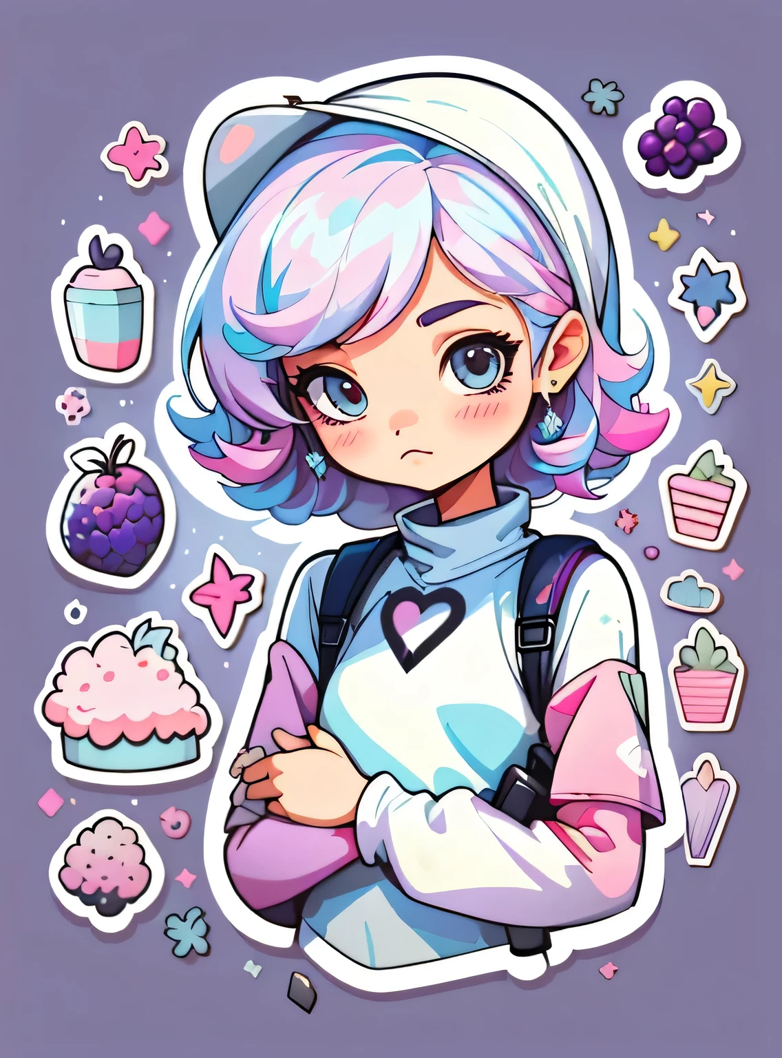 1 adesivo, manual, (uma garota estilosa, modelo, Topo branco, fresco e fresco), fundo rosa e preto, fundo simples, minimum, uva, mirtilo, Bonitinho, pequeno, cor pastel, estilo vetorial, sem gradiente,