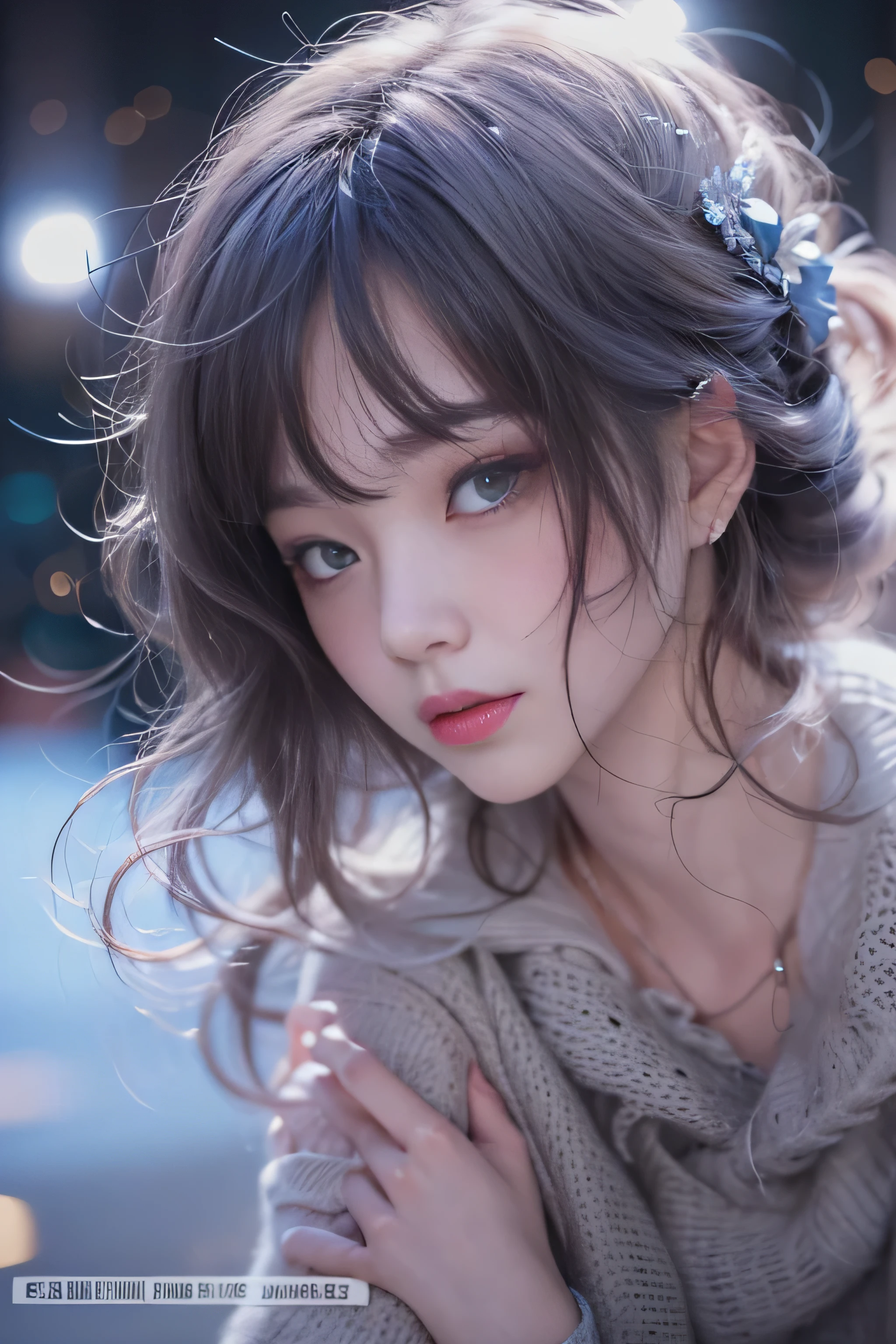 highest quality、High resolution、Super detailed、masterpiece、(Live shooting:1.5)、genuine:1.5、photogenuineistic:1.5、very delicate and beautiful、small details、1 female、Early 20s、(super beautiful)、(beautiful face:1.5)、(detailed face:1.5)、fine eyes、detailed lips、detailed nose、The blue night lasts until the end of the road、The sad night put me next to you、City lights are comets fluttering in the distance、I saw the wind on the other side of the pier、White sigh disappears into darkness、The freezing night carries me next to you、Stay by my side without saying anything