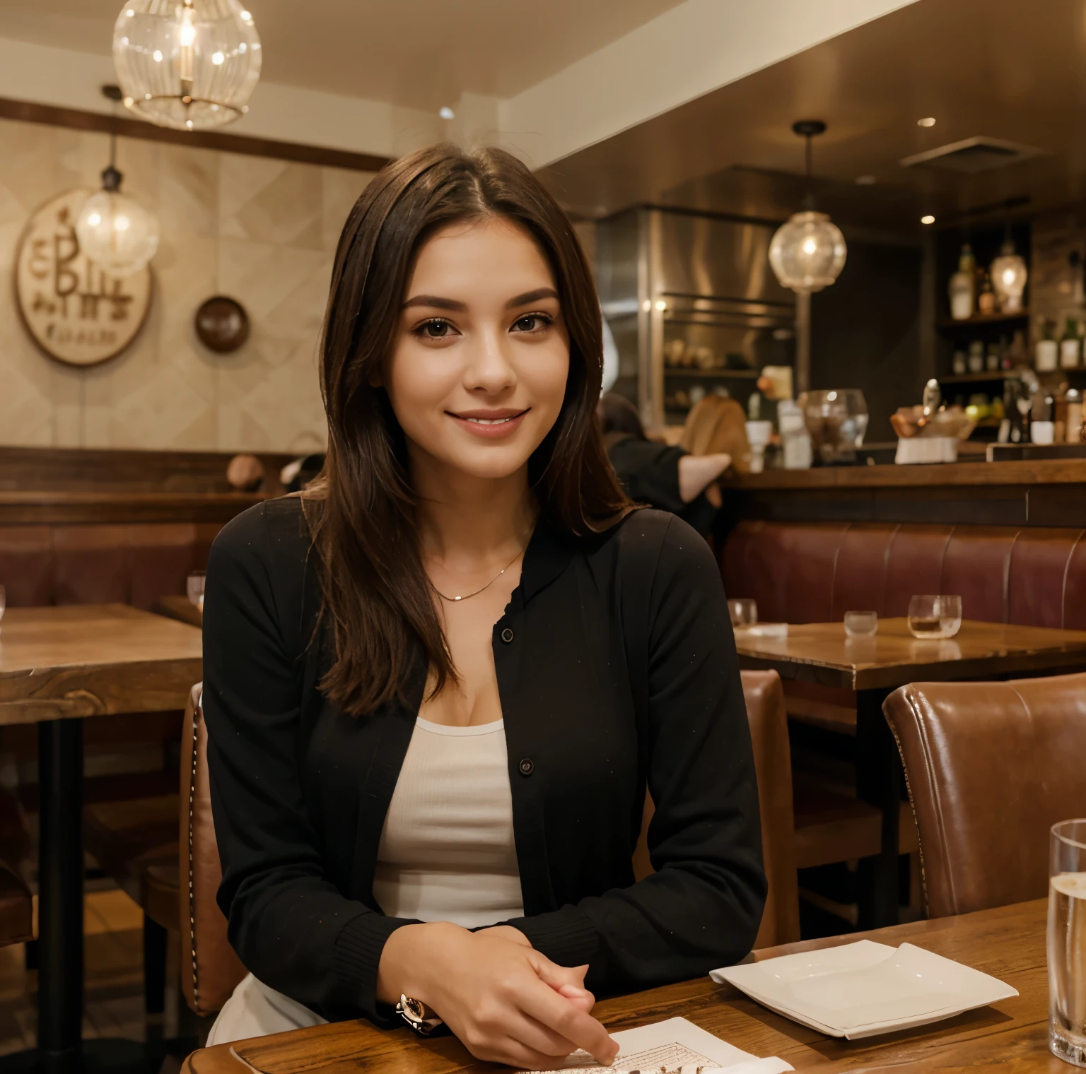 A woman in comfortable and fashionable clothes sitting at a table in a restaurant she is happy