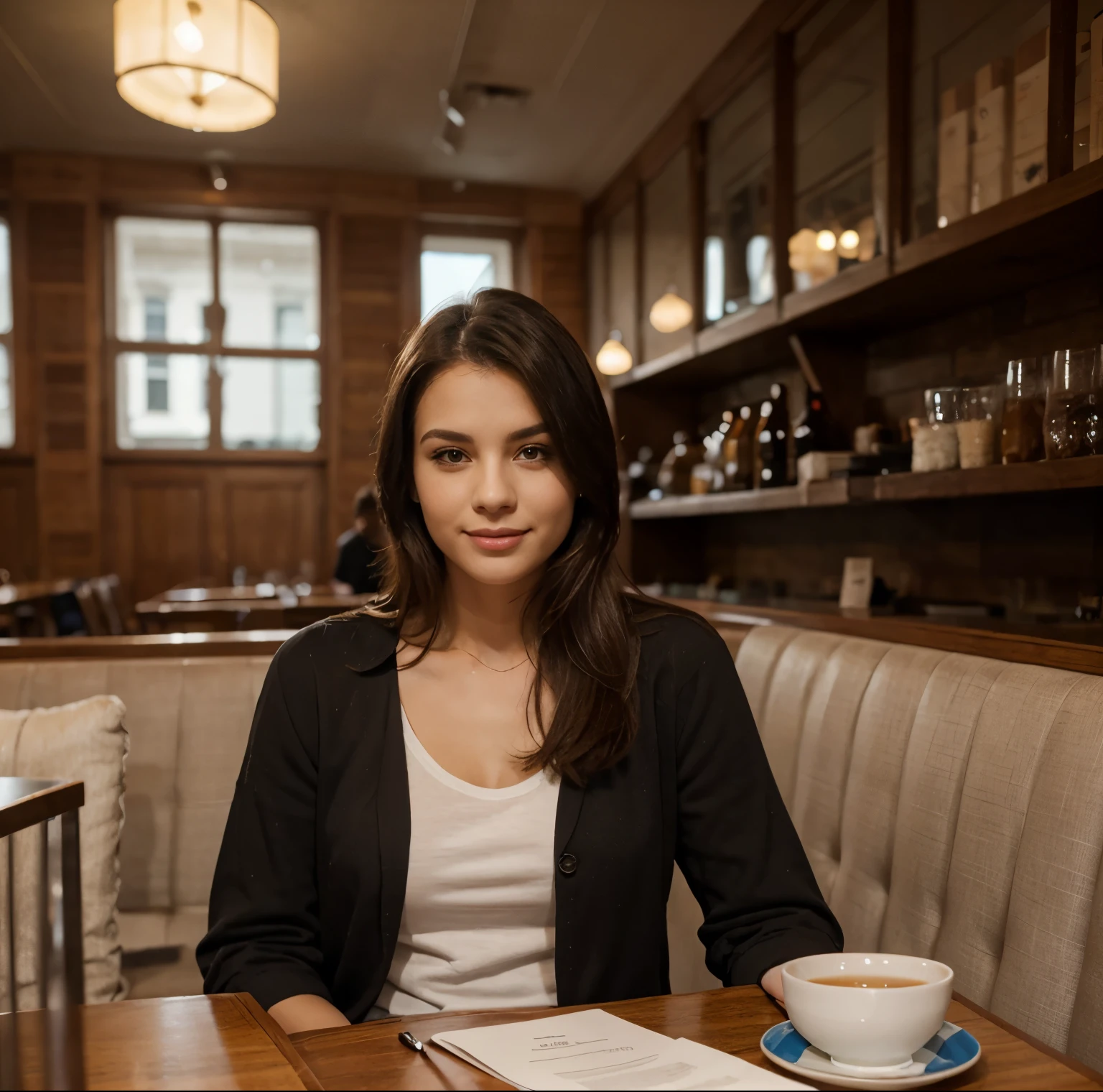 A woman in comfortable and fashionable clothes sitting at a table in a restaurant she is happy 