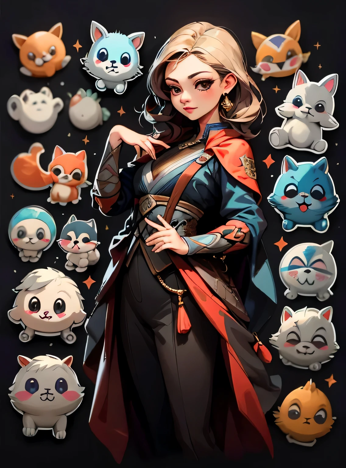 8个美丽的女孩，Character clothing set，Gorgeous costume design for different styles，Detailed realistic professional art masterpiece sticker set，with a black background