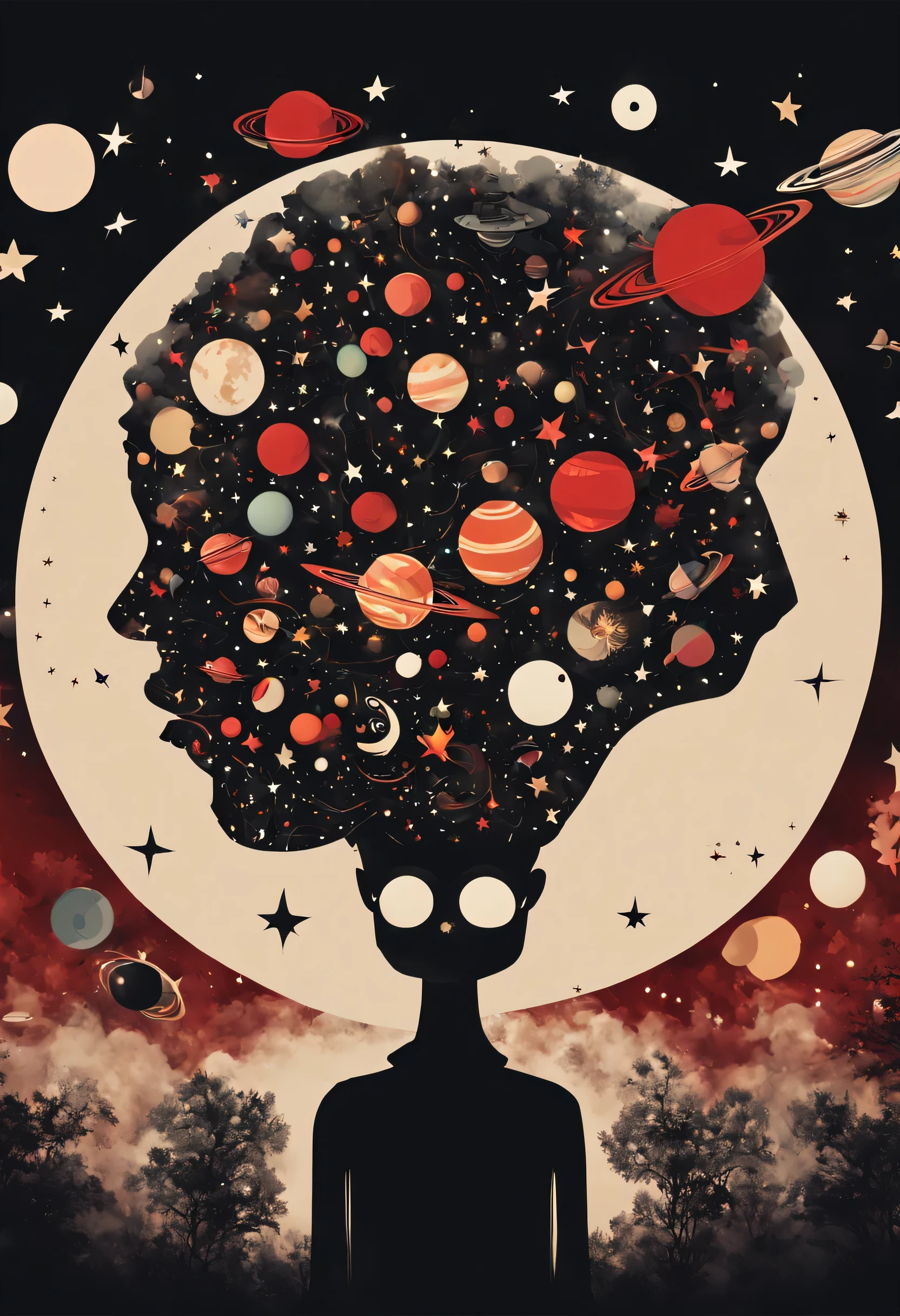 the artistic creation of a a person's head with a unique and creative illustration. The head is surrounded by various objects, there are several planets floating around the head, adding a whimsical and imaginative touch to the scene. The person's head is also positioned in front of a starry background, Digital art, silhouette vector featuring silhouette, using red and black liquid , black gradient background