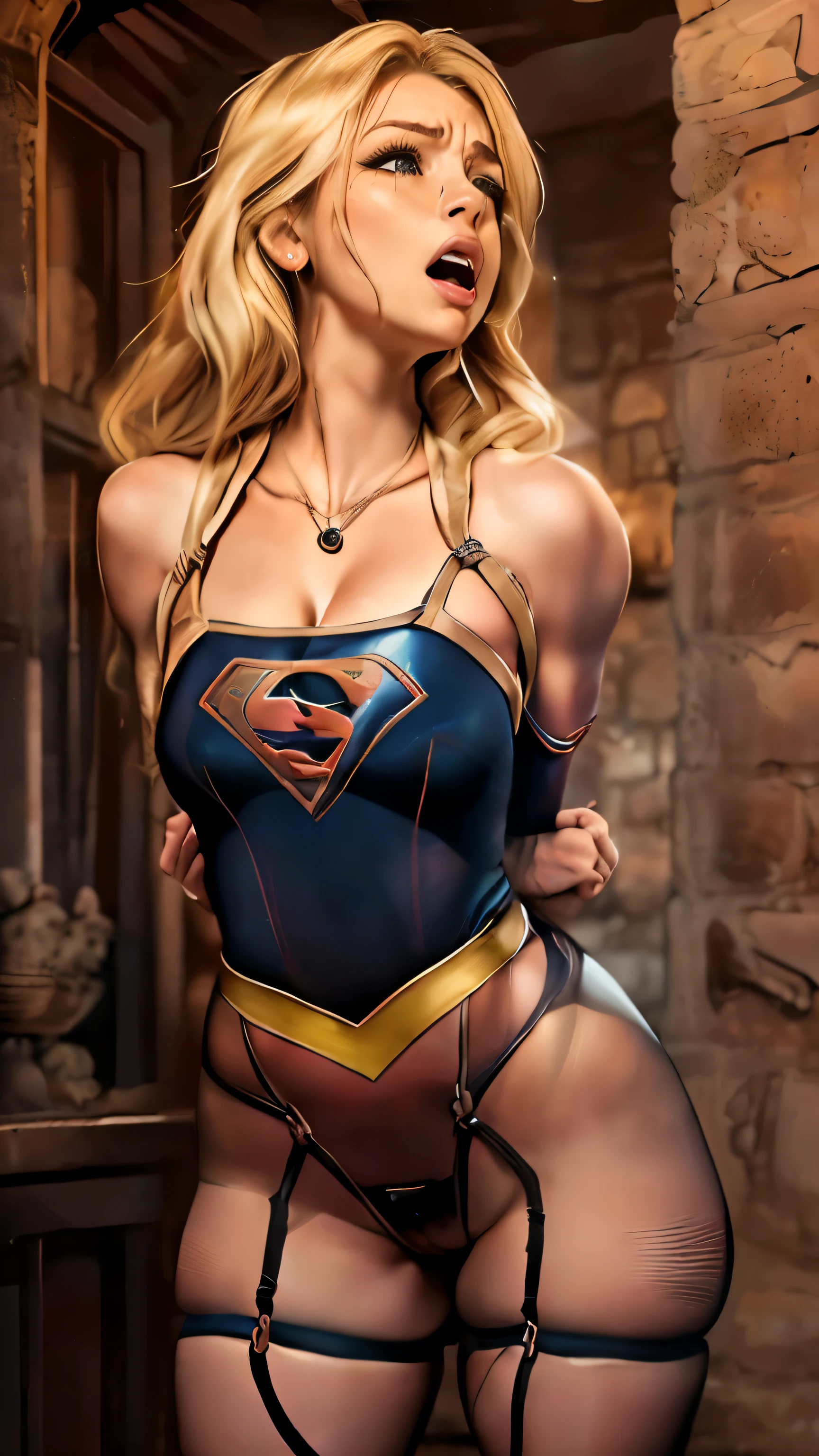 (((cabelo loiro))), ((full body view)), (((Ela tem cabelos loiros))), ((SUPERGIRL is in a stone cell, Emotional expression,expression of pain e desespero, gritando de dor, Expression of suffering, olhos arregalados)) , ((SUPERHEROINE SUPERGIRL SE CONTORCENDO DE DOR, CONTORCIONISTA, ginasta)), (Supergirl usando uma grande calcinha vermelha). ((SUPERGIRL tem cabelo muito loiro, ela tem cabelo longo)), ((SUPERGIRL wearing fishnet pantyhose)), ( She's wearing ballet shoes), ((SUPERGIRL wearing a thick metal necklace around her neck )), (Your clothes are immoral, your clothes are indecent, your clothes are tight), ((Shibari, arms behind the back:1.4)), ((hands on back)), ((string restriction)), ((Inevitable restriction with ropes)), (obra-prima, melhor qualidade) 1.5, 1 garota, sozinho, (sexy, mulher bonita, rosto perfeito, olhos perfeitos) corpo inteiro, ((High definition face)), ((SUPERGIRL com olhos arregalados, boca aberta, expression of fear, expression of pain, despair expression, chorando muito, gritando de dor), ((full body view)), (((cabelo loiro)))