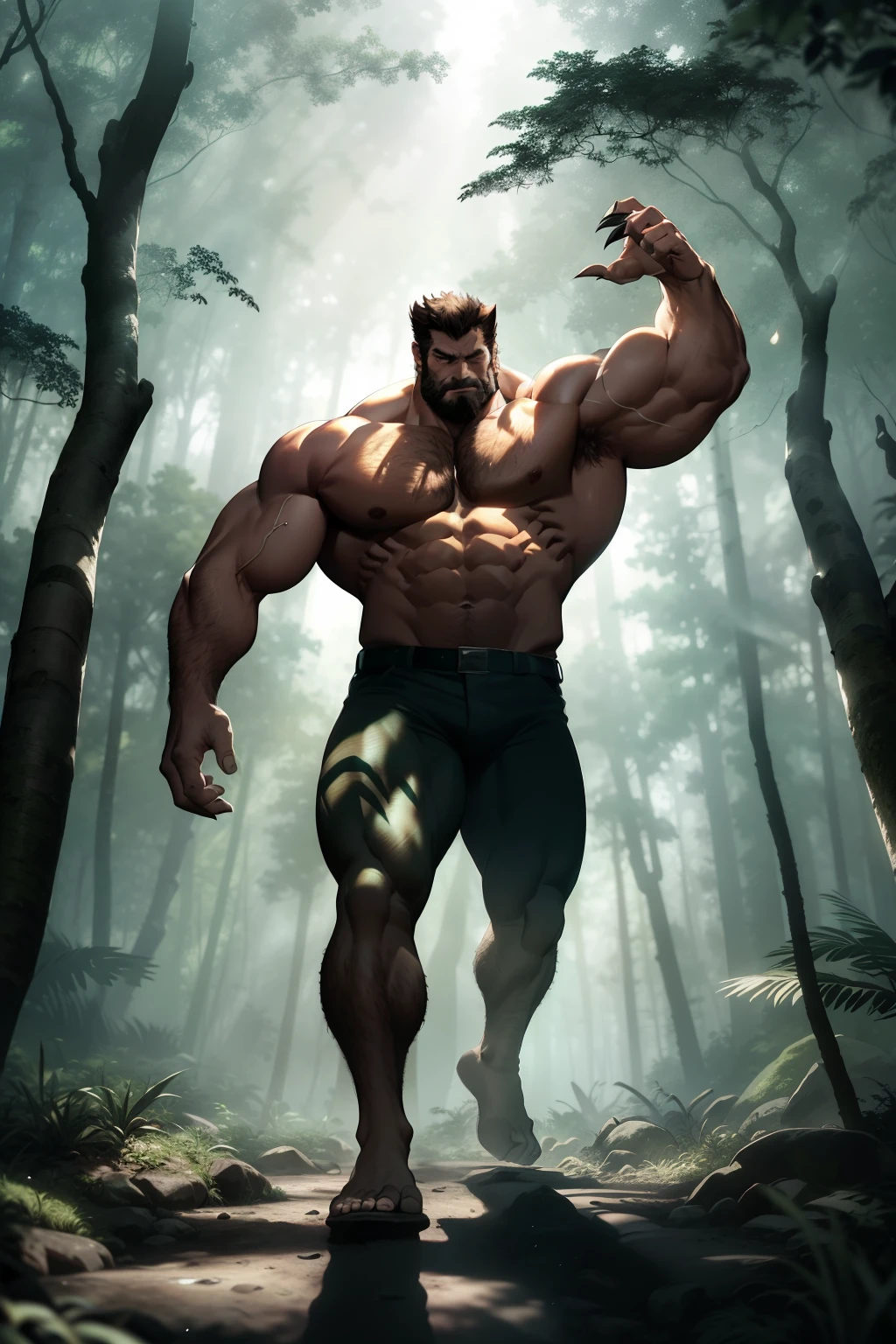 In the heart of a rugged and raw wilderness, the iconic figure of Wolverine emerges as a muscular giant, towering over the landscape. His broad shoulders and bulging biceps ripple with power, showcasing his formidable strength. Dirt clings to his chiseled body, accentuating every muscle and sinew. His huge feet, adorned with sharp claws, stomp the ground with unyielding force. The sunlight (1:2) pierces through the dense forest canopy, casting long, dramatic shadows that define his monumental silhouette. The rich, earthy tones of the forest (Masterpiece: 1.2
