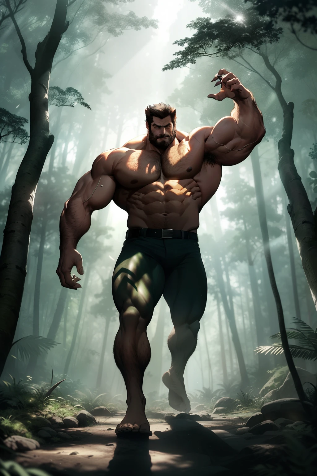 In the heart of a rugged and raw wilderness, the iconic figure of Wolverine emerges as a muscular giant, towering over the landscape. His broad shoulders and bulging biceps ripple with power, showcasing his formidable strength. Dirt clings to his chiseled body, accentuating every muscle and sinew. His huge feet, adorned with sharp claws, stomp the ground with unyielding force. The sunlight (1:2) pierces through the dense forest canopy, casting long, dramatic shadows that define his monumental silhouette. The rich, earthy tones of the forest (Masterpiece: 1.2