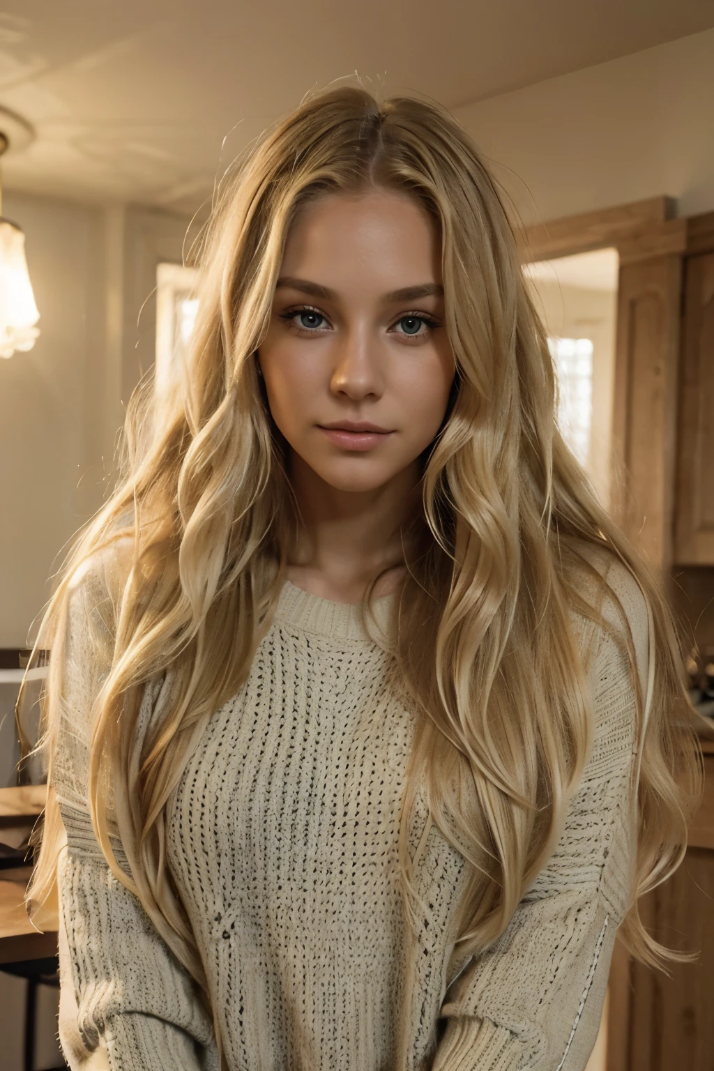 a close up of a woman with long blonde hair and a sweater, long wavy blond hair, sleek blond hair, beautiful blonde woman, wavy blond hair, blonde and attractive features, beautiful blonde hair, blonde beautiful young woman, blonde flowing hair, flowing blonde hair, beautiful blonde girl, long wavy blonde hair, blonde woman, clean blonde hair, wavy beautiful hair, flattering hair, green eyes, natural woman