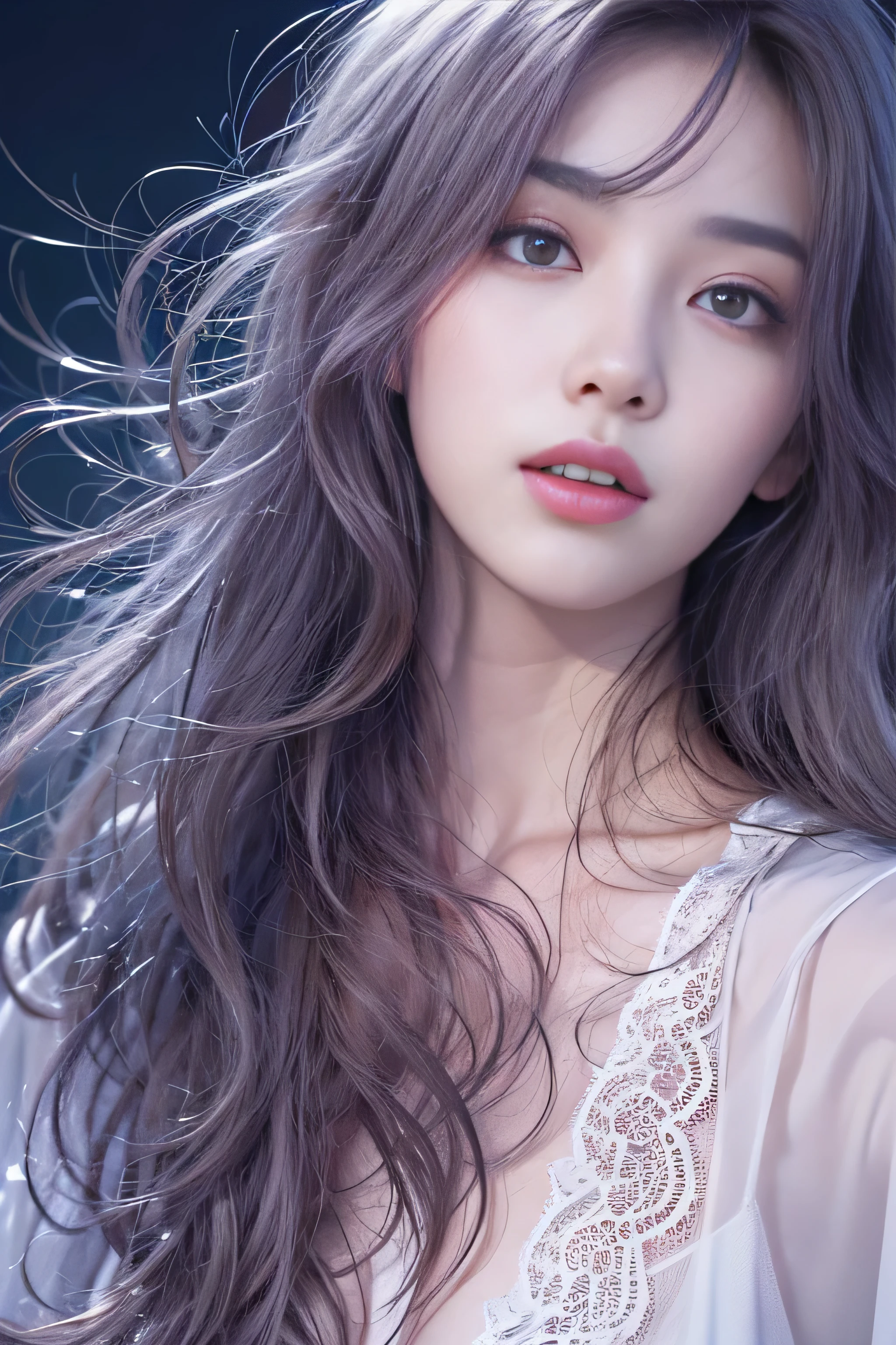 highest quality、High resolution、Super detailed、masterpiece、(Live shooting:1.5)、genuine:1.5、photogenuineistic:1.5、very delicate and beautiful、small details、1 female、Early 20s、(super beautiful)、(beautiful face:1.5)、(detailed face:1.5)、fine eyes、detailed lips、detailed nose、The blue night lasts until the end of the road、The sad night put me next to you、City lights are comets fluttering in the distance、I saw the wind on the other side of the pier、White sigh disappears into darkness、The freezing night carries me next to you、Stay by my side without saying anything