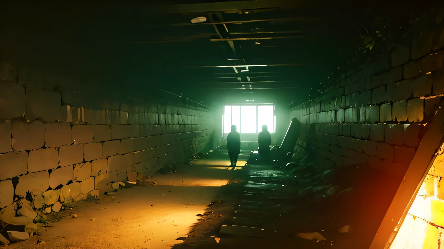 inside a refuge shelter, underground area, luz baixa, at night, com pessoas